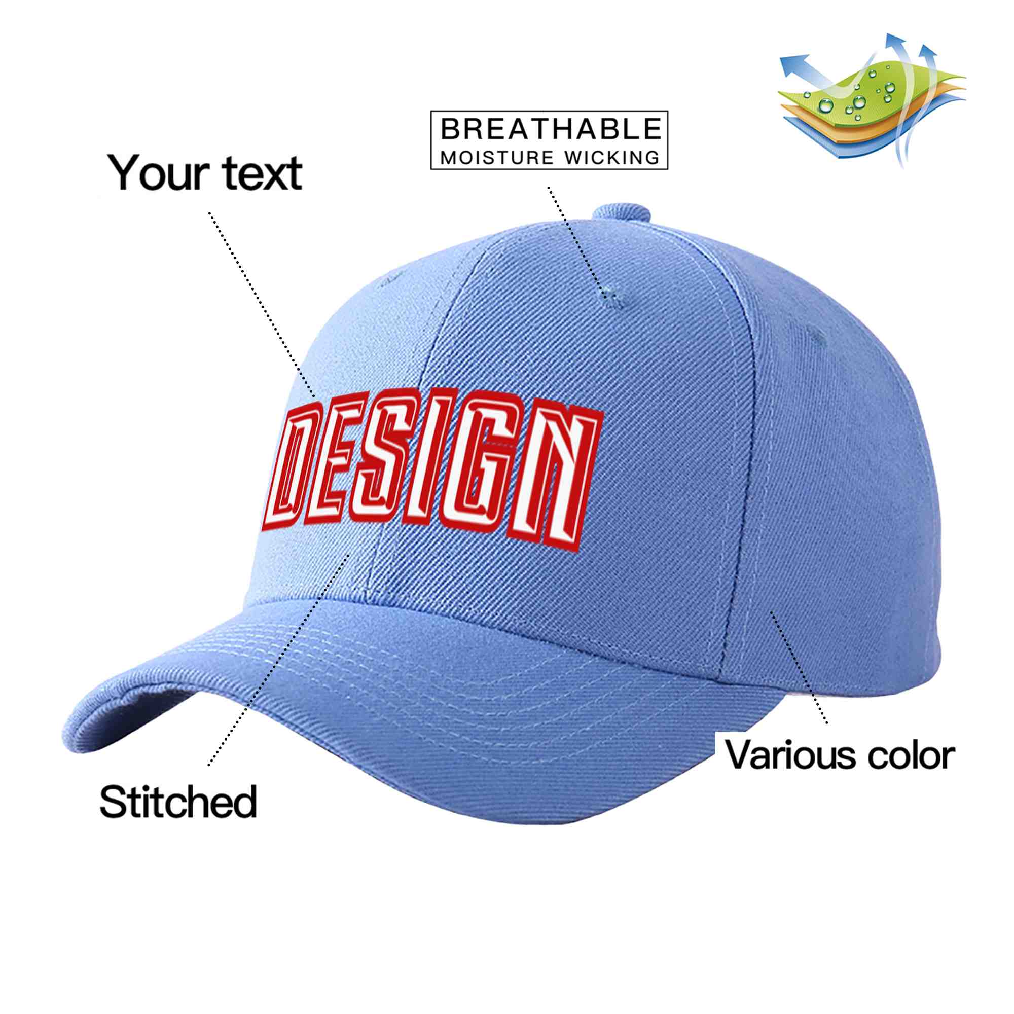 Casquette de baseball personnalisée bleu ciel blanc-rouge avec avant-toit incurvé