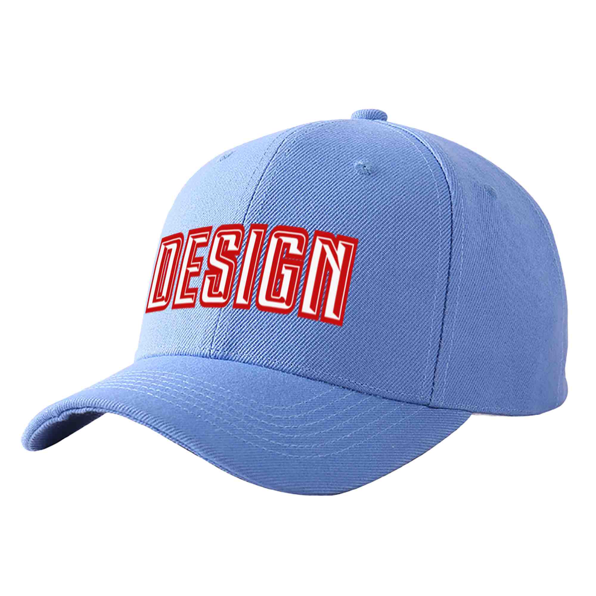 Custom Sky Blue White-Red Curved Eaves Sport Design Baseball Cap