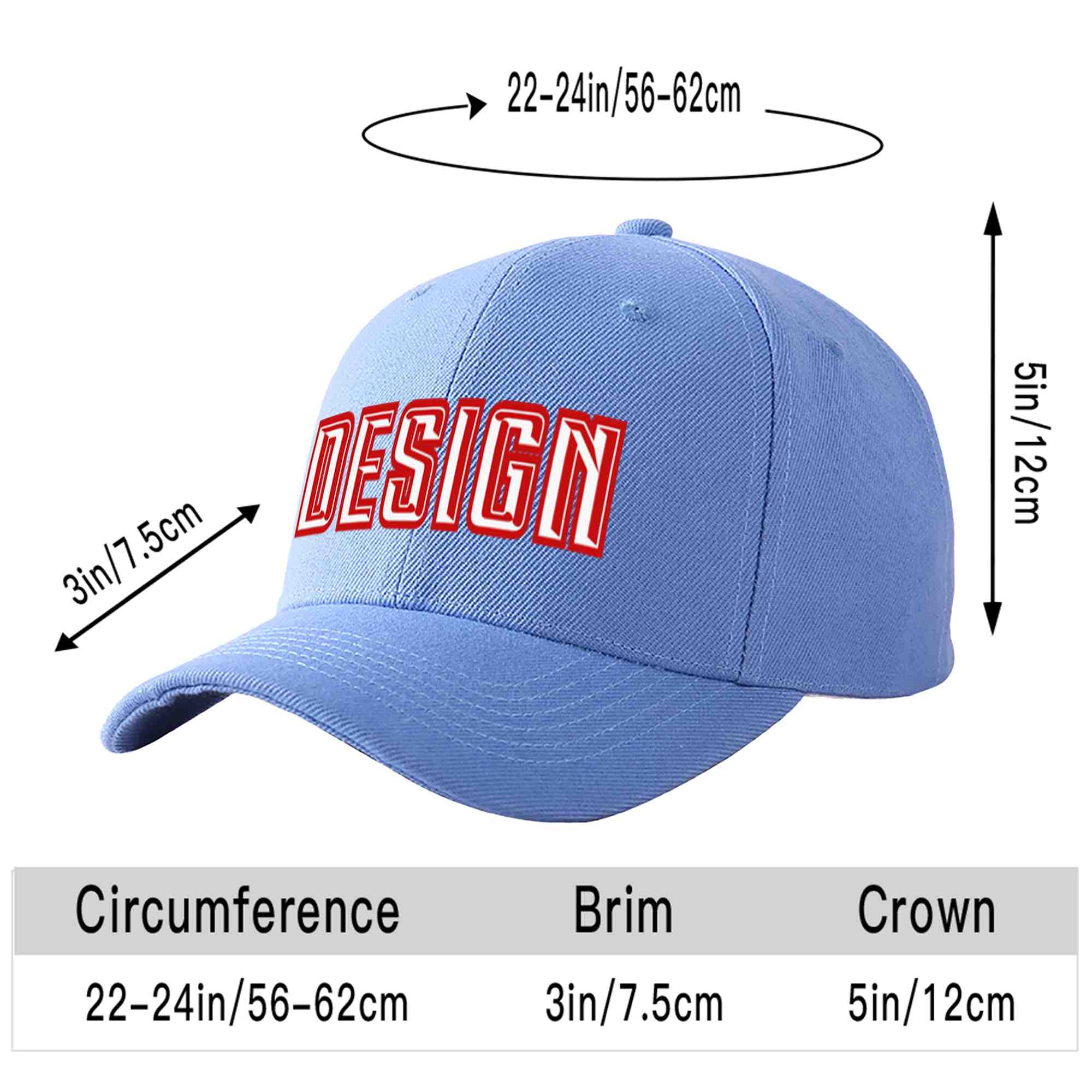 Custom Sky Blue White-Red Curved Eaves Sport Design Baseball Cap