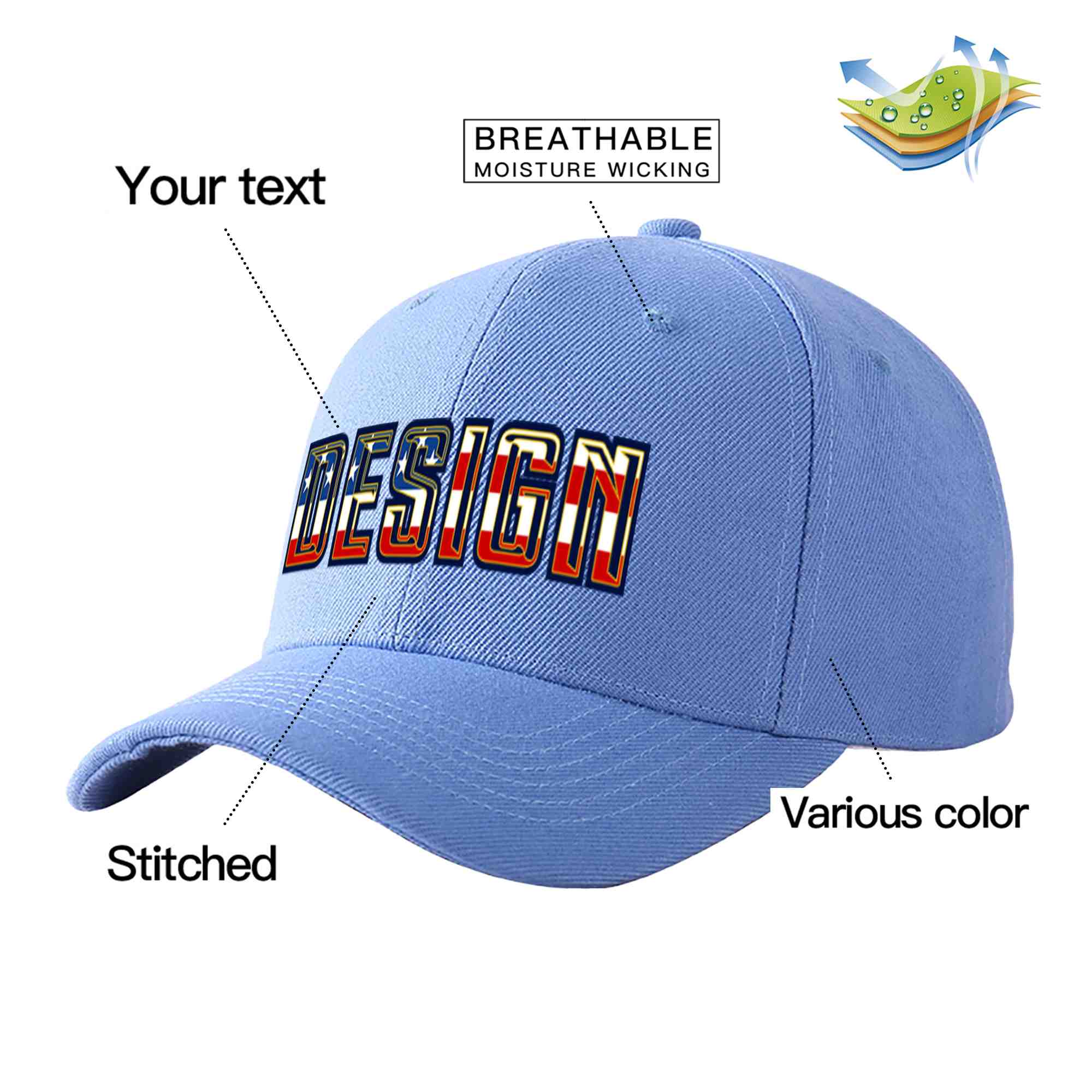 Casquette de baseball personnalisée, bleu ciel, drapeau américain Vintage, avant-toit incurvé doré, Design sportif