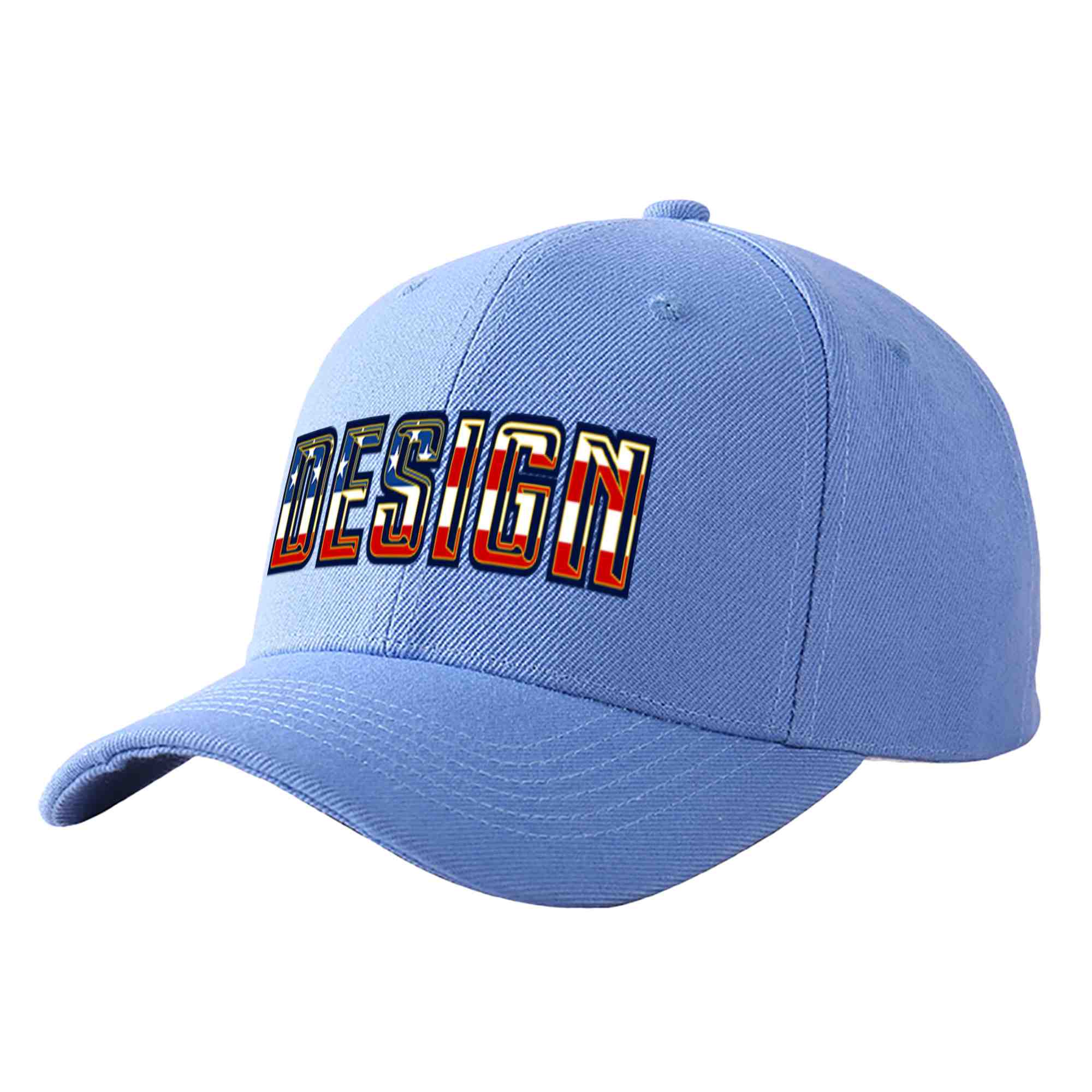 Custom Sky Blue Vintage USA Flag-Gold Curved Eaves Sport Design Baseball Cap