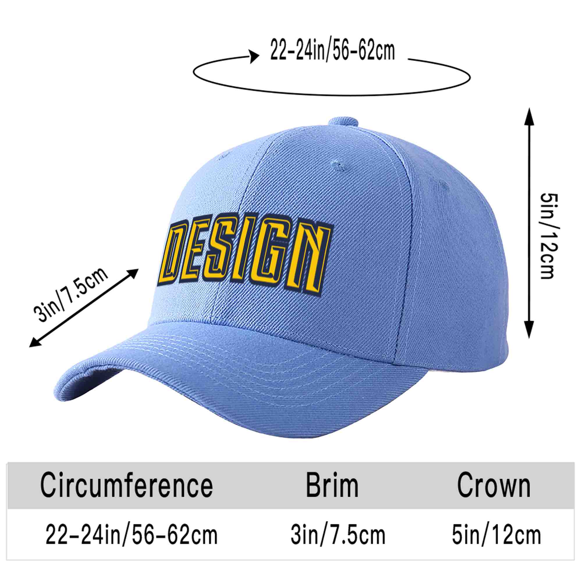 Custom Sky Blue Gold-Navy Curved Eaves Sport Design Baseball Cap