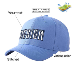 Custom Sky Blue White-Navy Curved Eaves Sport Design Baseball Cap