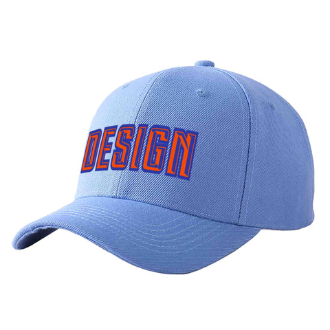 Custom Sky Blue Orange-Royal Curved Eaves Sport Design Baseball Cap