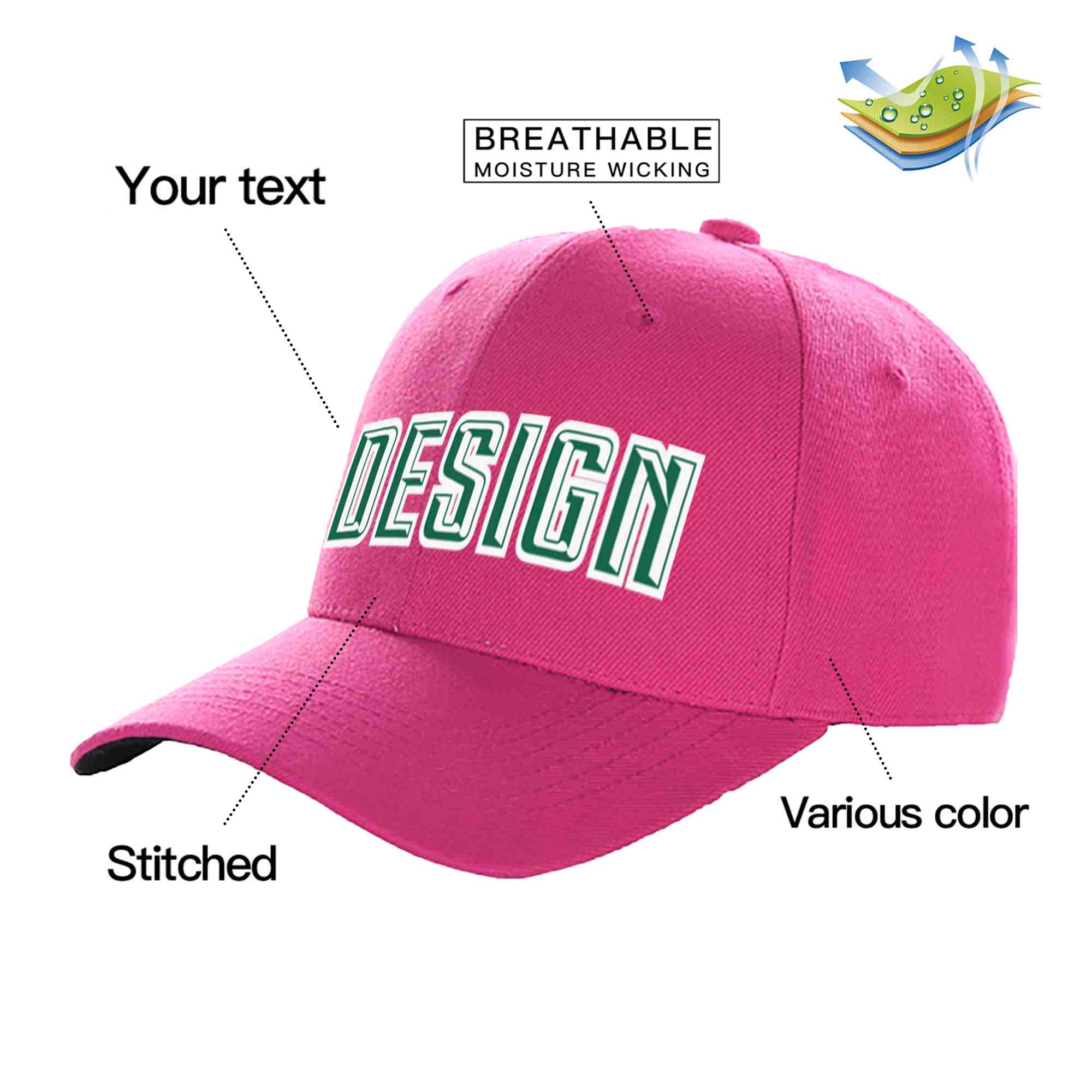 Custom Rose Red Kelly Green-White Curved Eaves Sport Design Baseball Cap