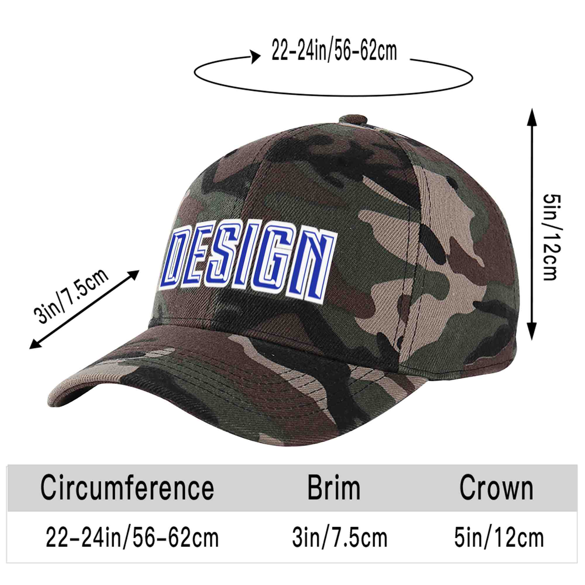 Casquette de baseball personnalisée Camo Royal-White Curved Eaves Sport Design