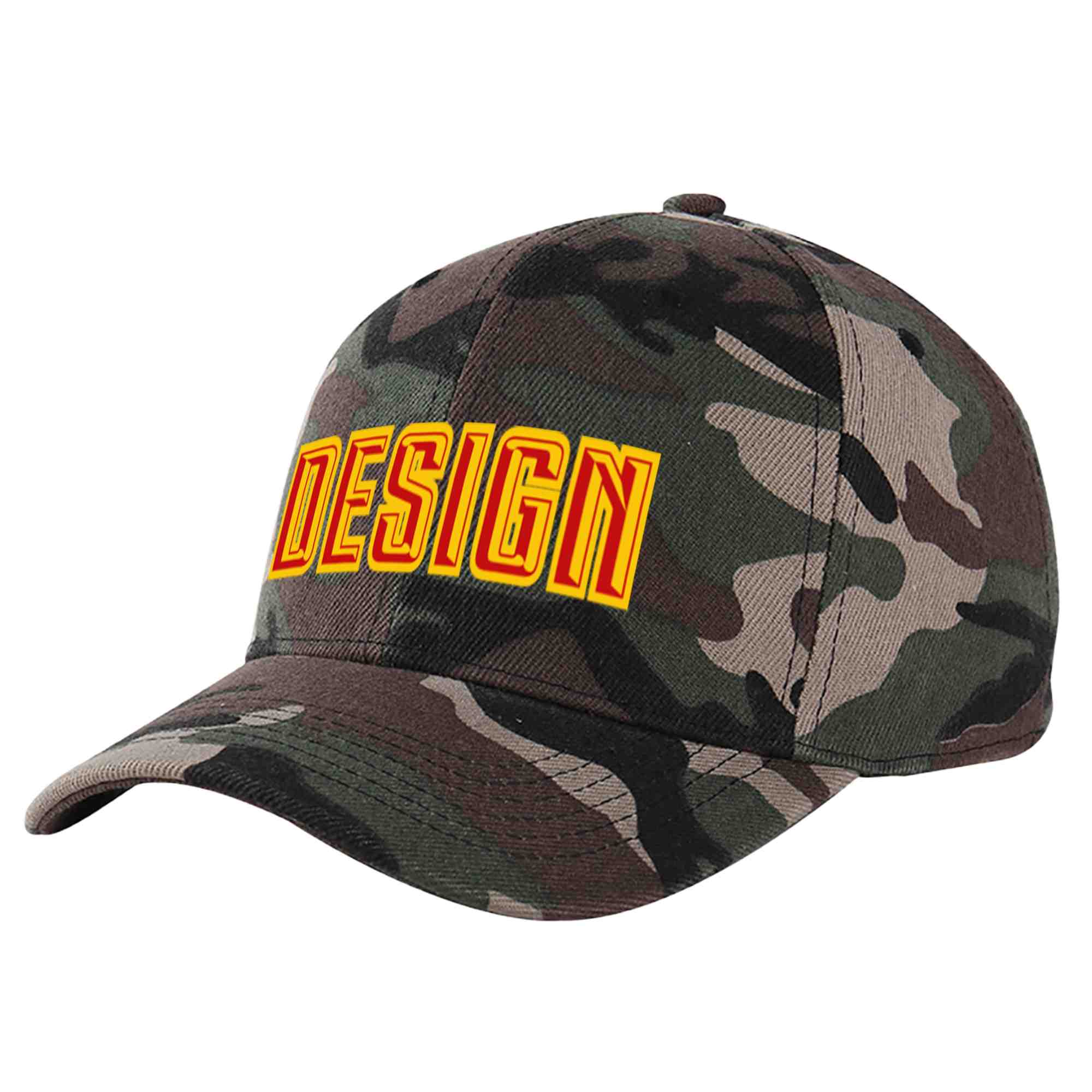 Casquette de baseball personnalisée camouflage rouge-jaune avec avant-toit incurvé et design sportif