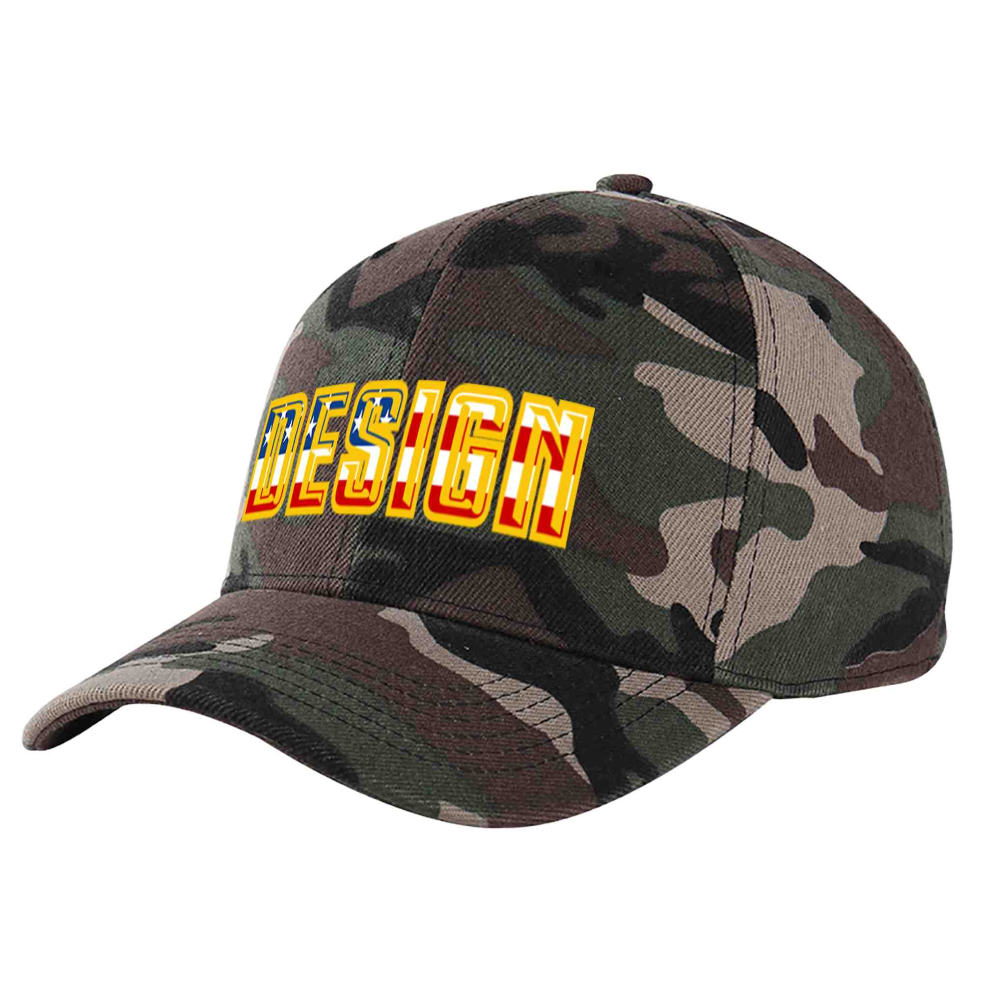 Casquette de baseball personnalisée avec motif camouflage vintage, drapeau américain, avant-toit incurvé doré, design sportif