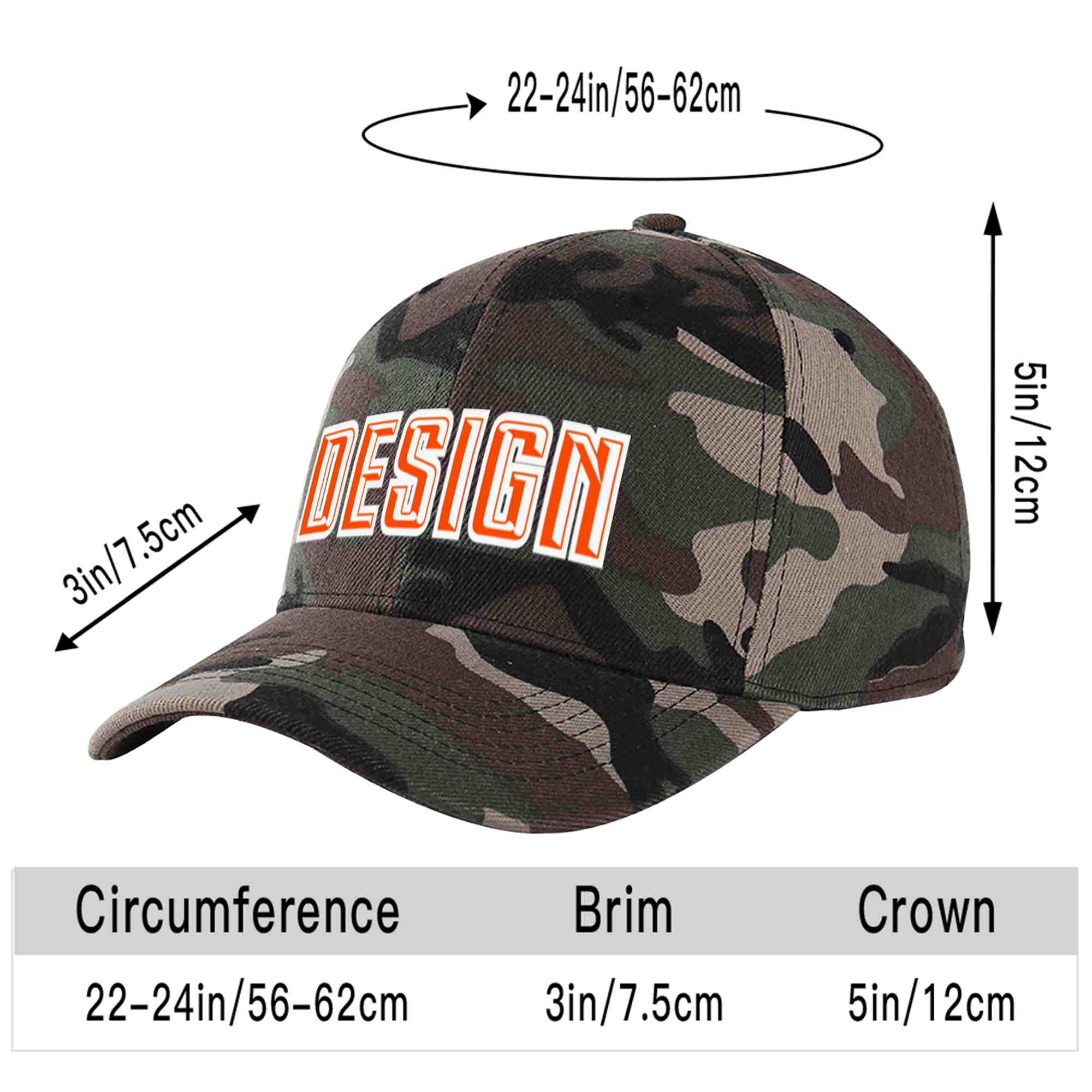 Casquette de baseball personnalisée camouflage orange-blanc avec avant-toit incurvé et design sportif