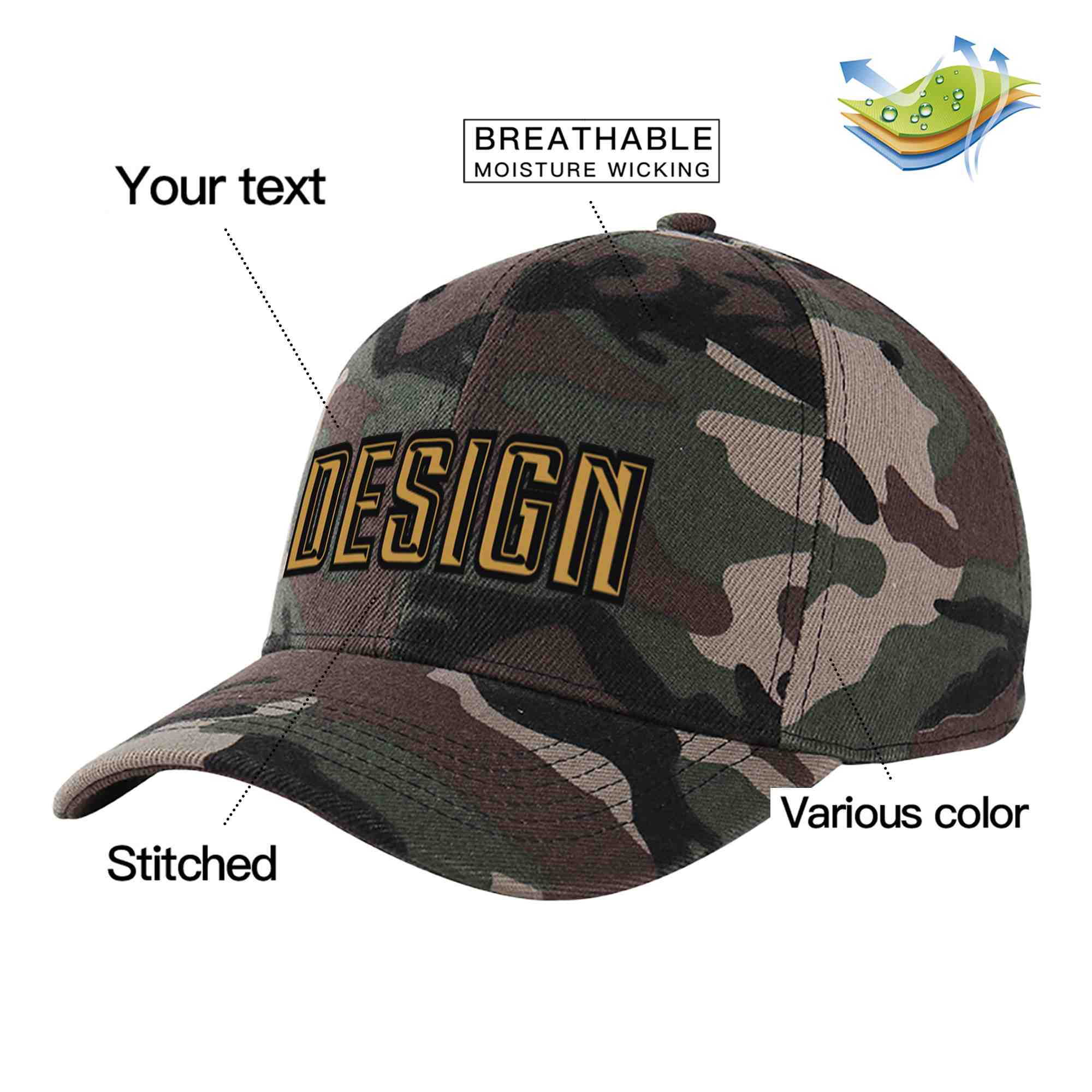 Custom Camo Old Gold-Black Curved Eaves Sport Design Baseball Cap