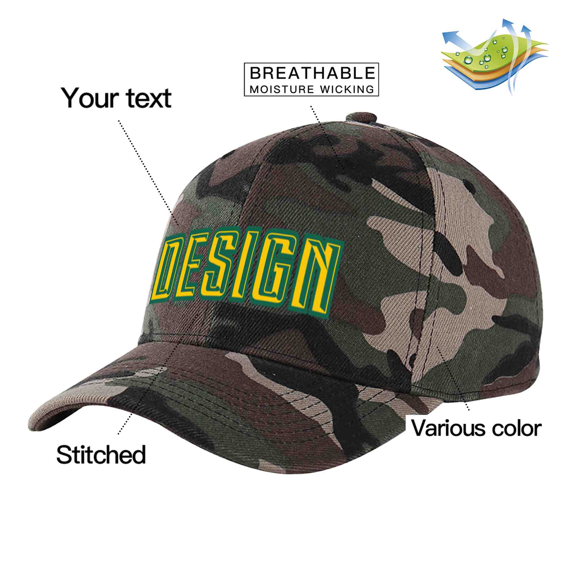 Casquette de baseball personnalisée Camo Gold-Kelly Green Curved Eaves Sport Design