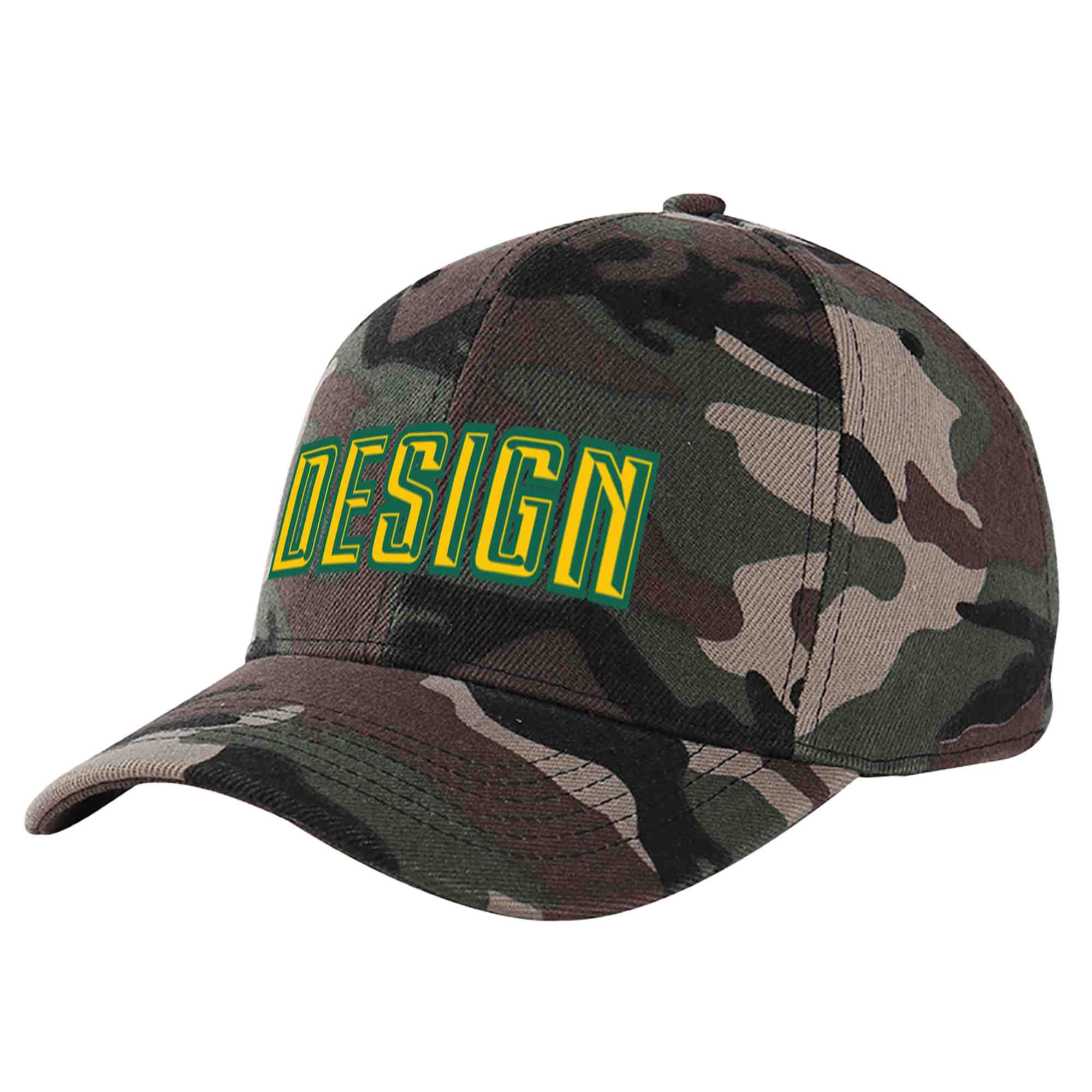 Casquette de baseball personnalisée Camo Gold-Kelly Green Curved Eaves Sport Design