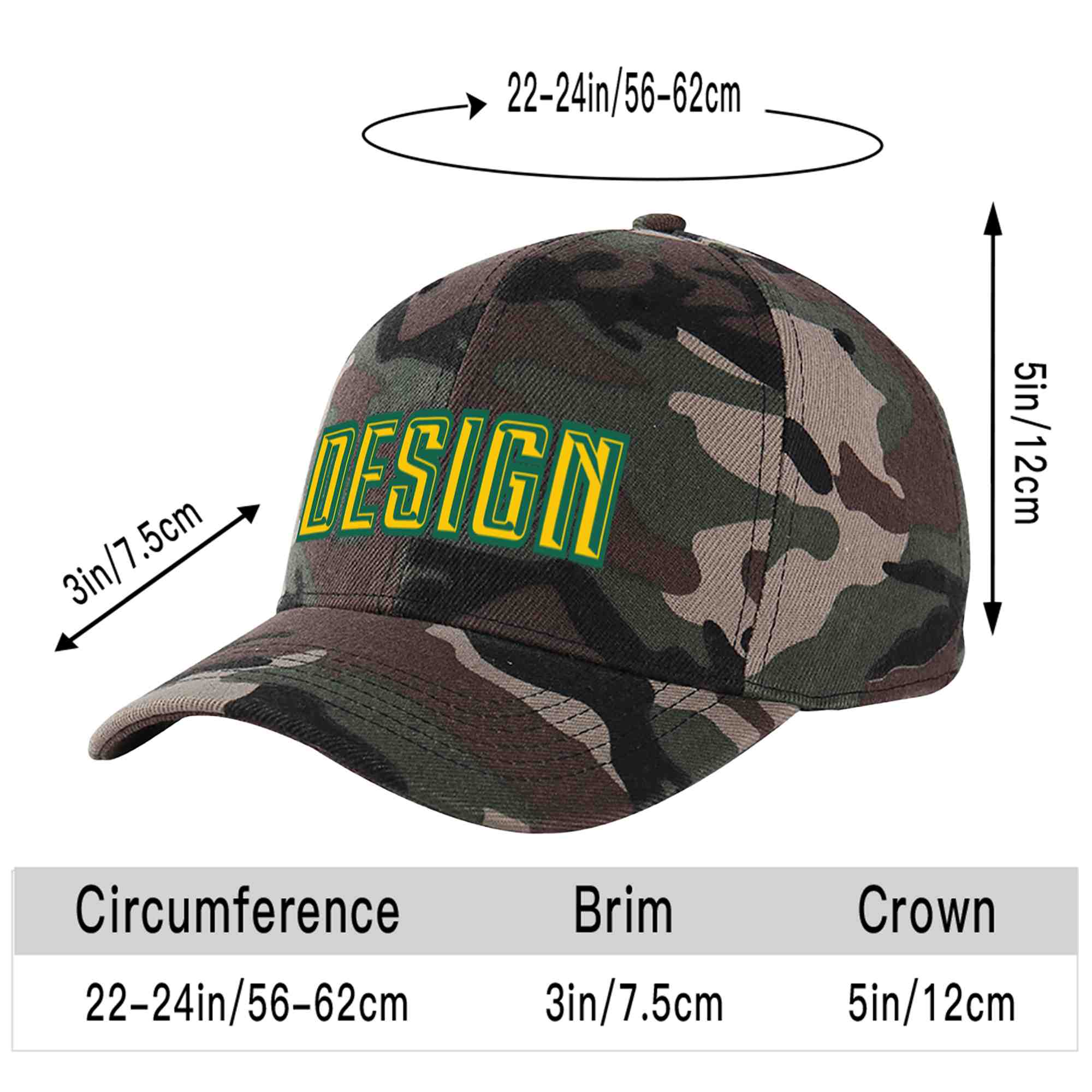 Casquette de baseball personnalisée Camo Gold-Kelly Green Curved Eaves Sport Design