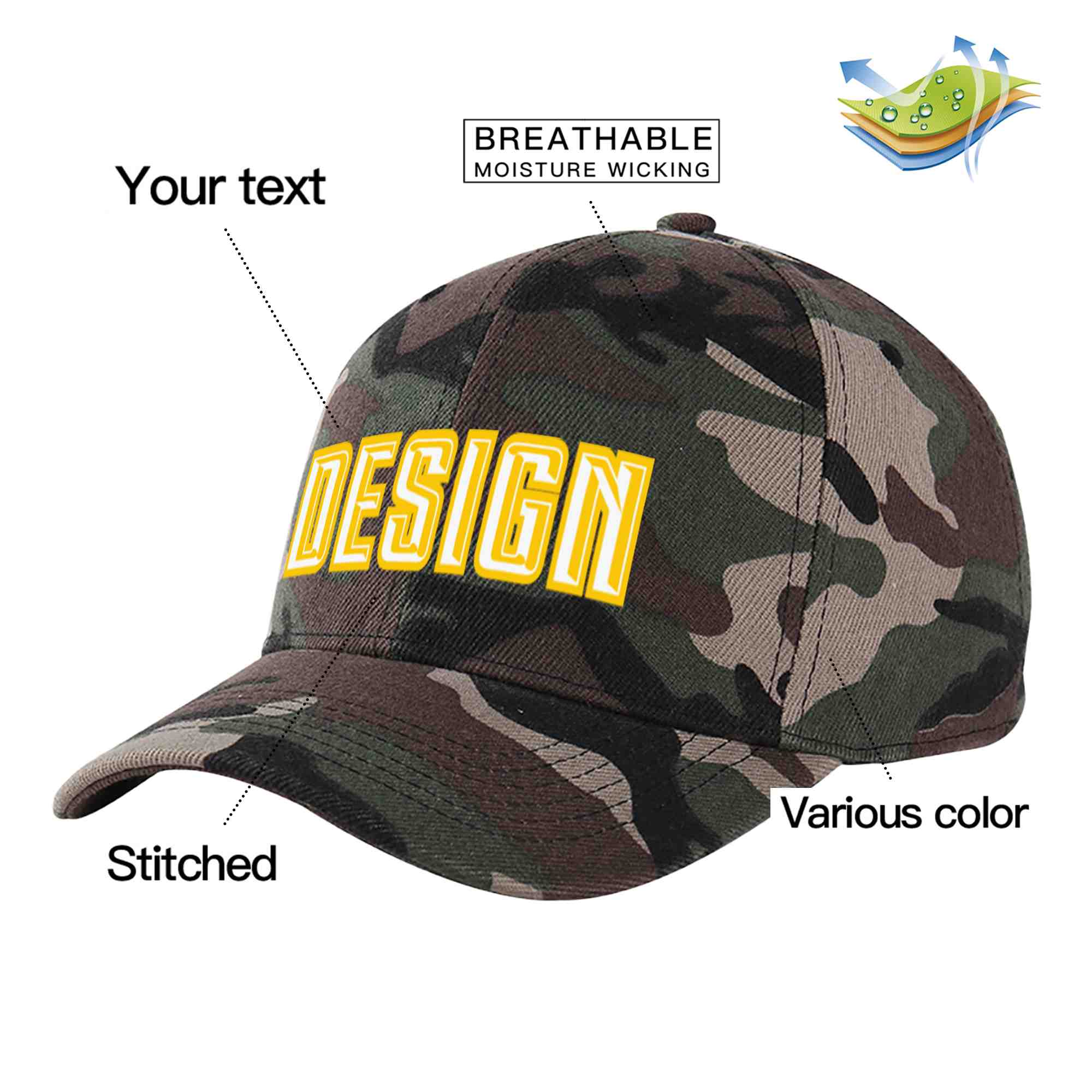 Custom Camo White-Gold Curved Eaves Sport Design Baseball Cap