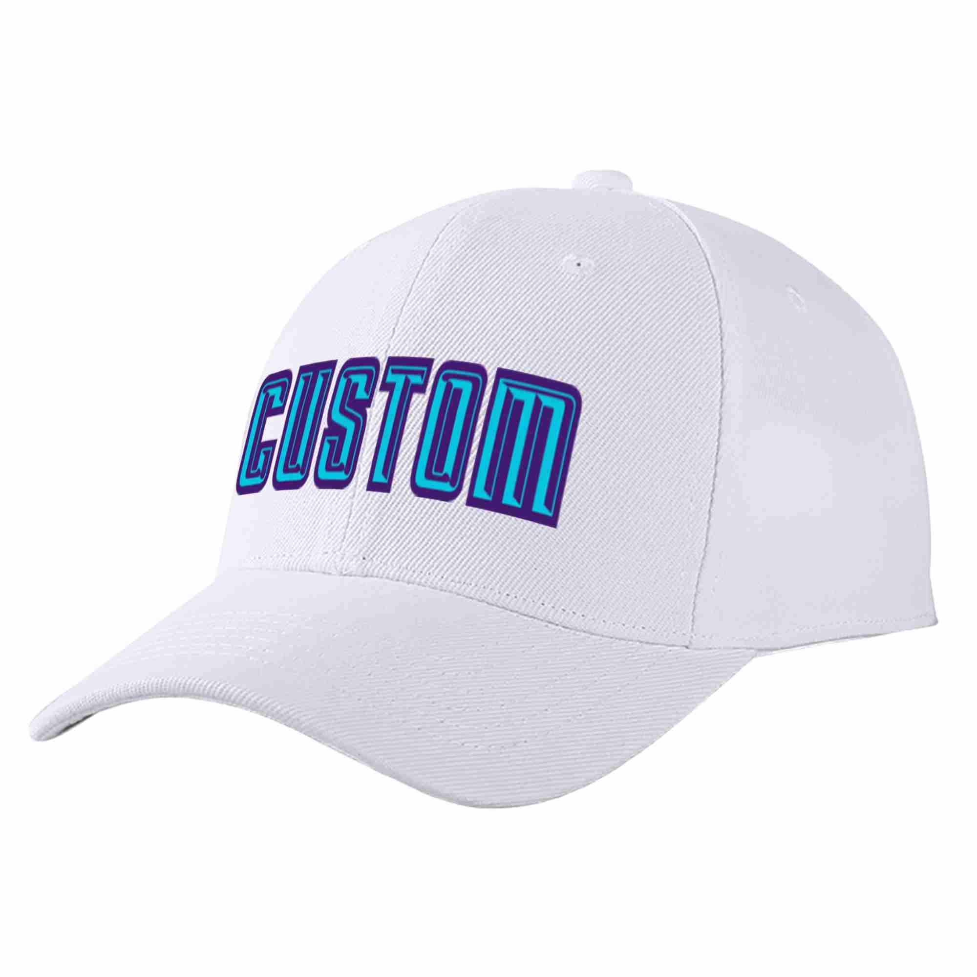 Conception personnalisée de casquette de baseball de sport incurvée bleu clair-violet blanc pour hommes/femmes/jeunes