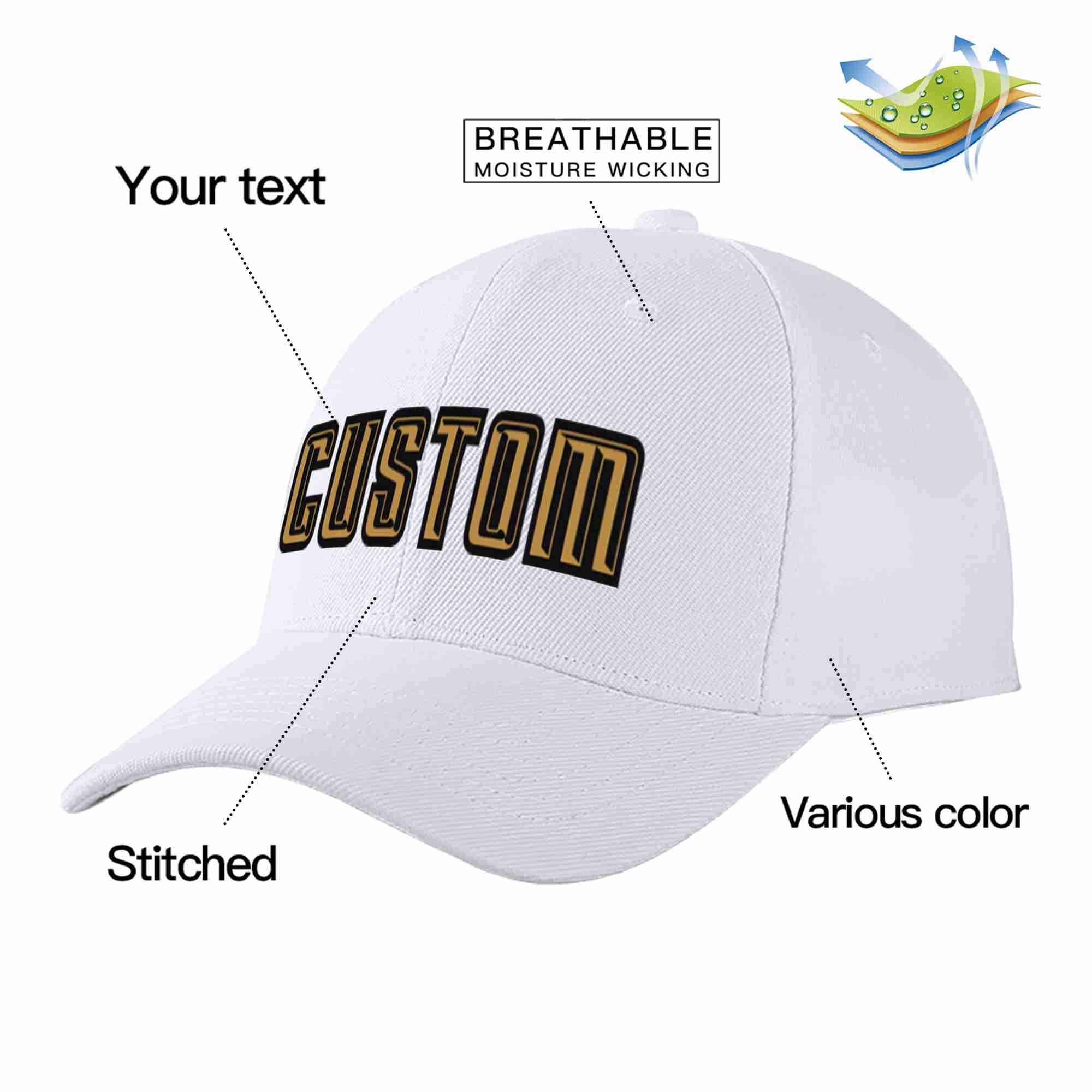 Conception personnalisée de casquette de baseball de sport à avant-toit incurvé blanc vieux or-noir pour hommes/femmes/jeunes