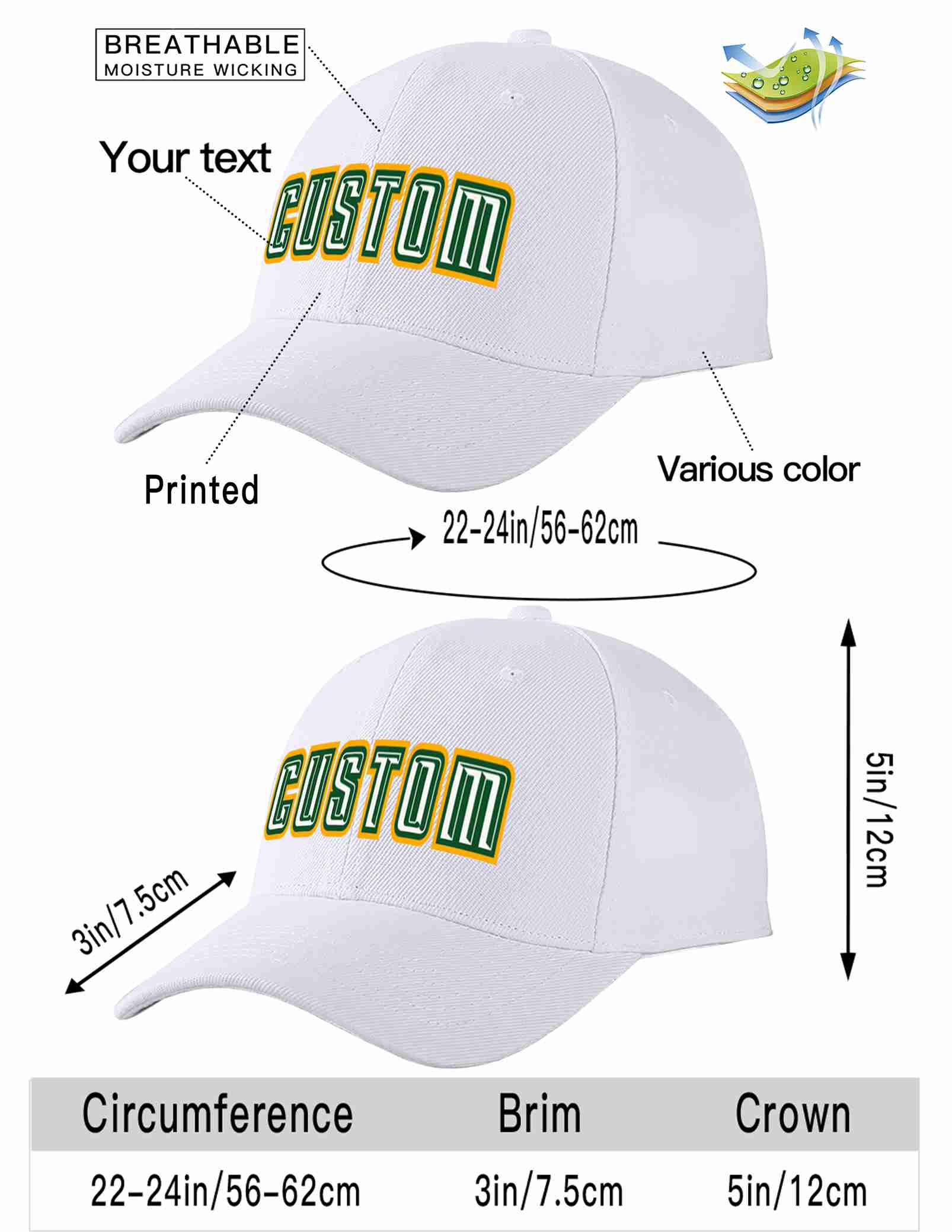 Custom White White-Kelly Green Curved Eaves Sport Baseball Cap Design for Men/Women/Youth