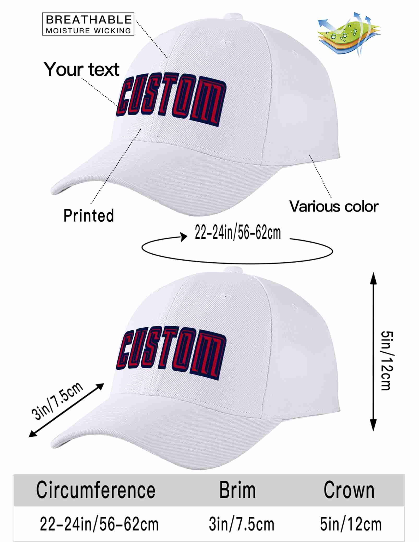 Custom White Red-Navy Curved Eaves Sport Baseball Cap Design for Men/Women/Youth