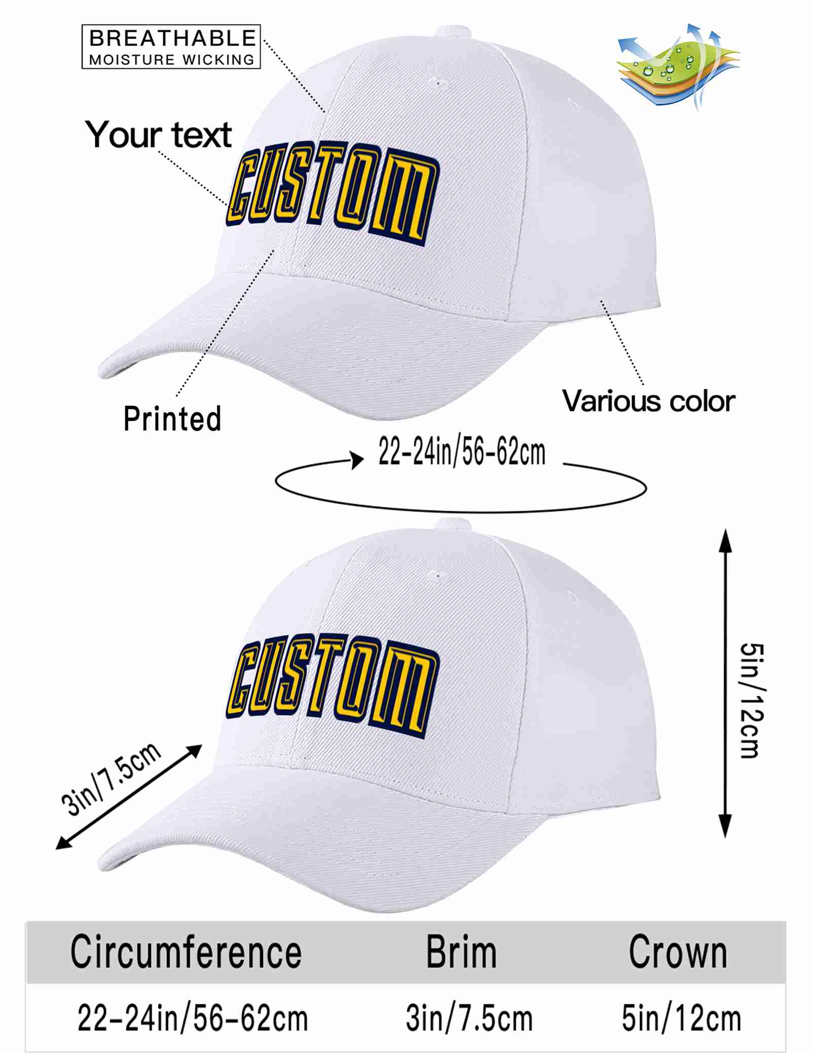 Custom White Yellow-Navy Curved Eaves Sport Baseball Cap Design for Men/Women/Youth