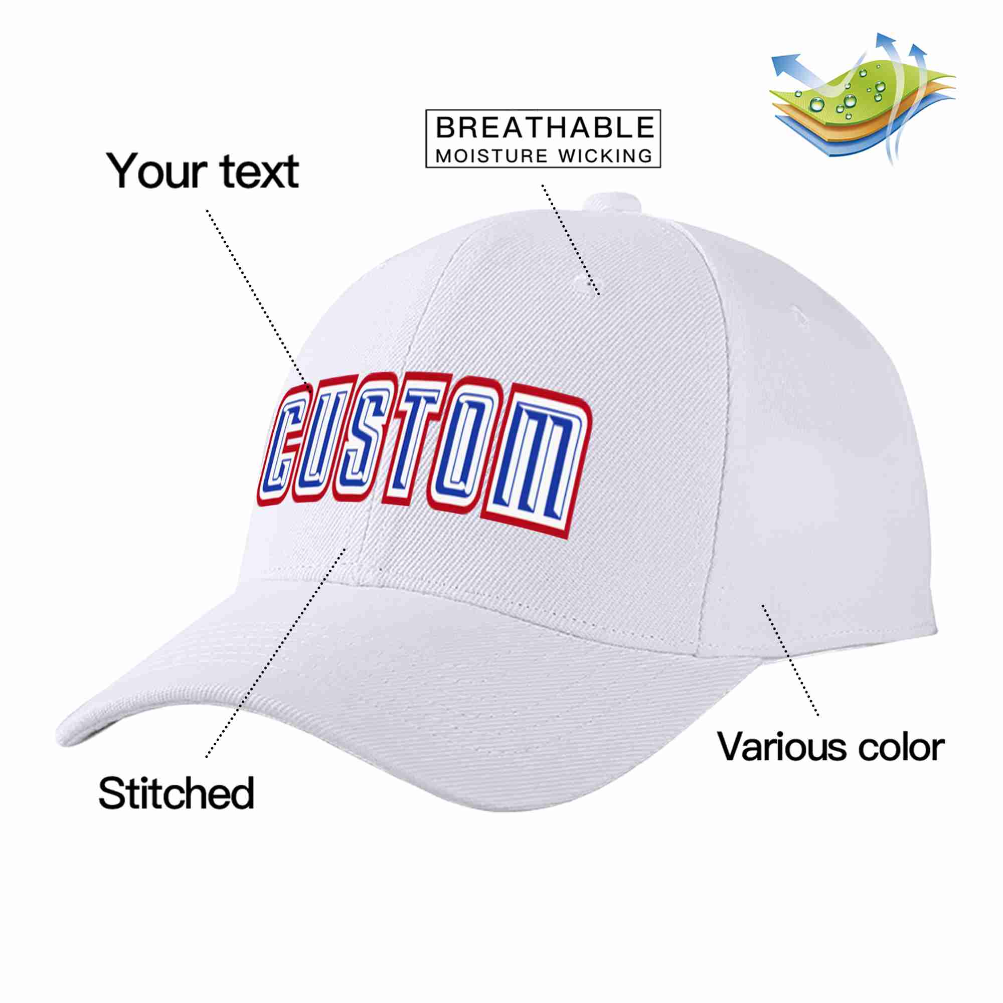 Custom White Royal-White Curved Eaves Sport Baseball Cap Design for Men/Women/Youth