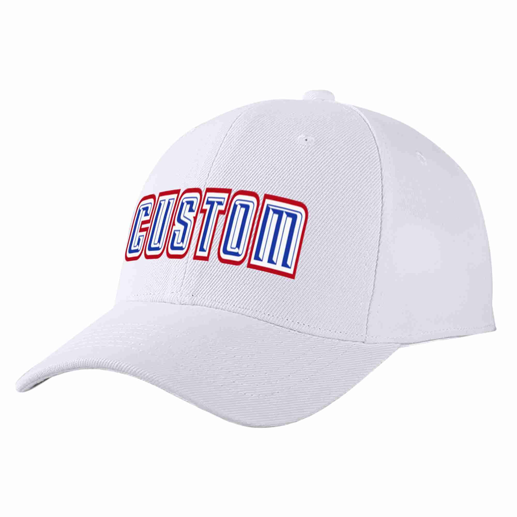 Conception personnalisée de casquette de baseball de sport incurvée blanc royal-blanc pour hommes/femmes/jeunes