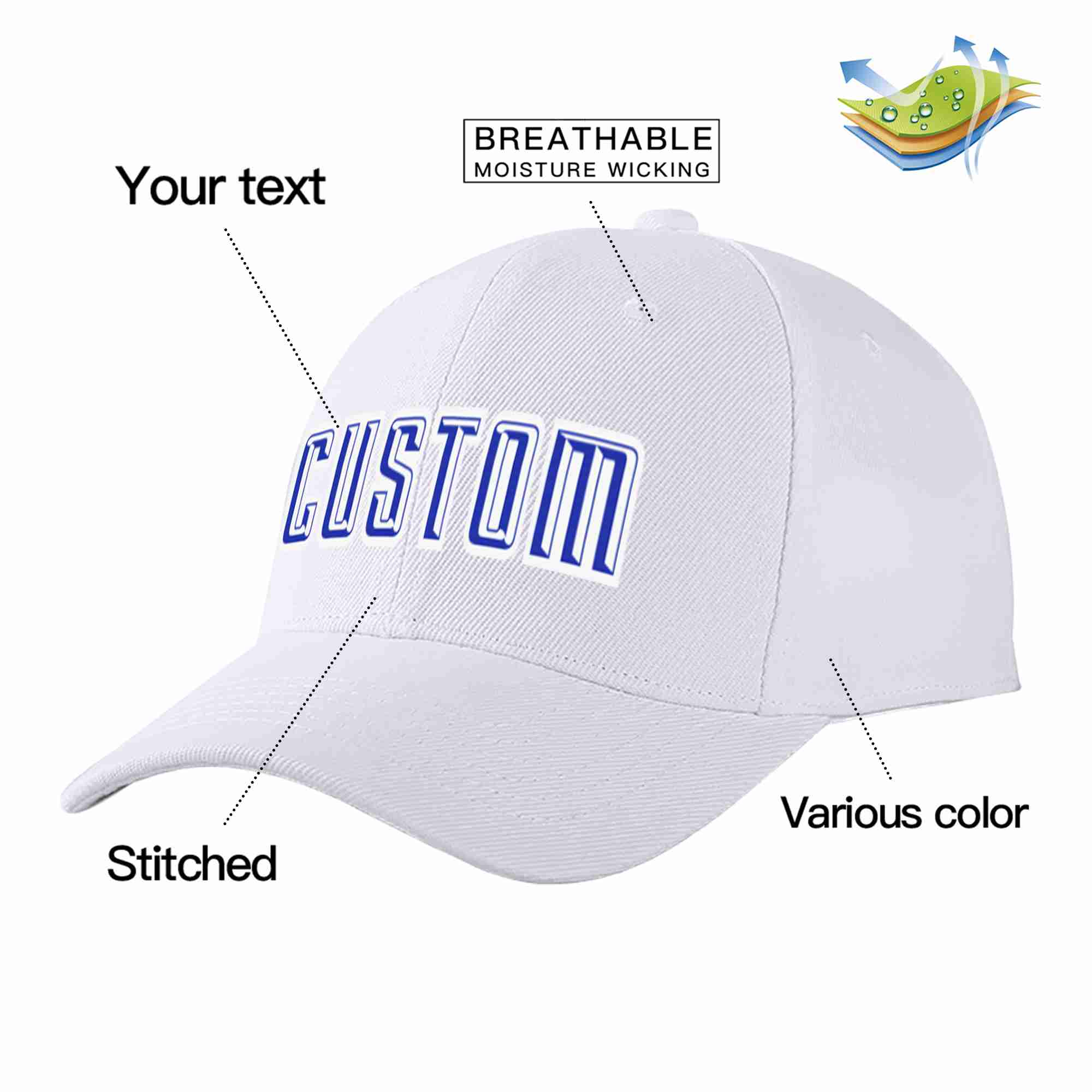 Conception personnalisée de casquette de baseball de sport incurvée blanc royal-blanc pour hommes/femmes/jeunes