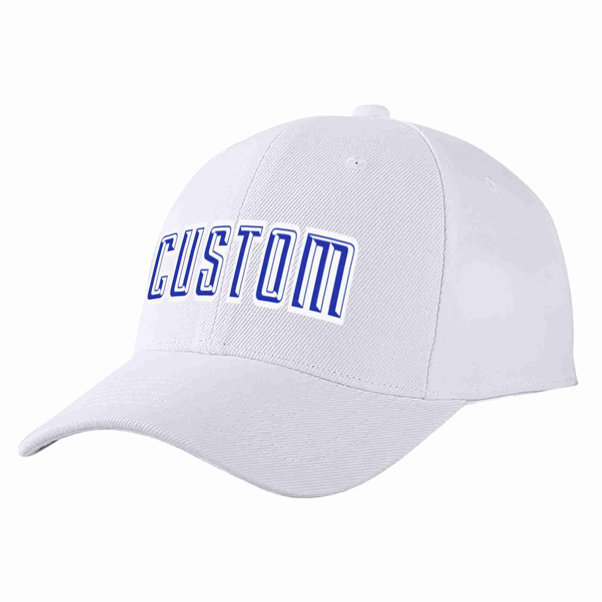 Conception personnalisée de casquette de baseball de sport incurvée blanc royal-blanc pour hommes/femmes/jeunes