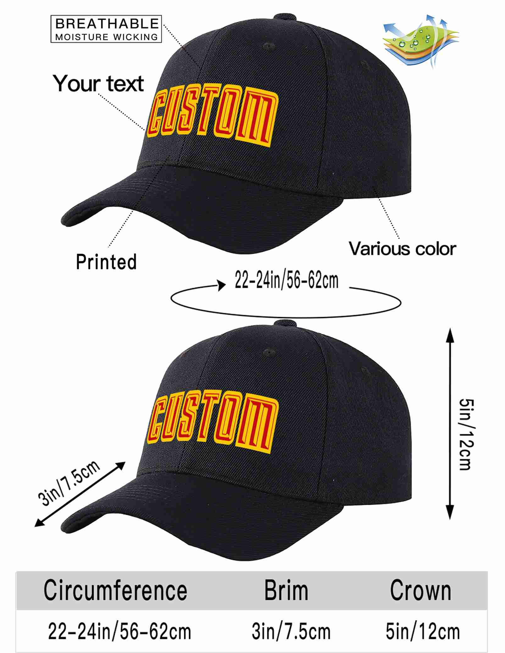 Custom Black Red-Yellow Curved Eaves Sport Baseball Cap Design for Men/Women/Youth