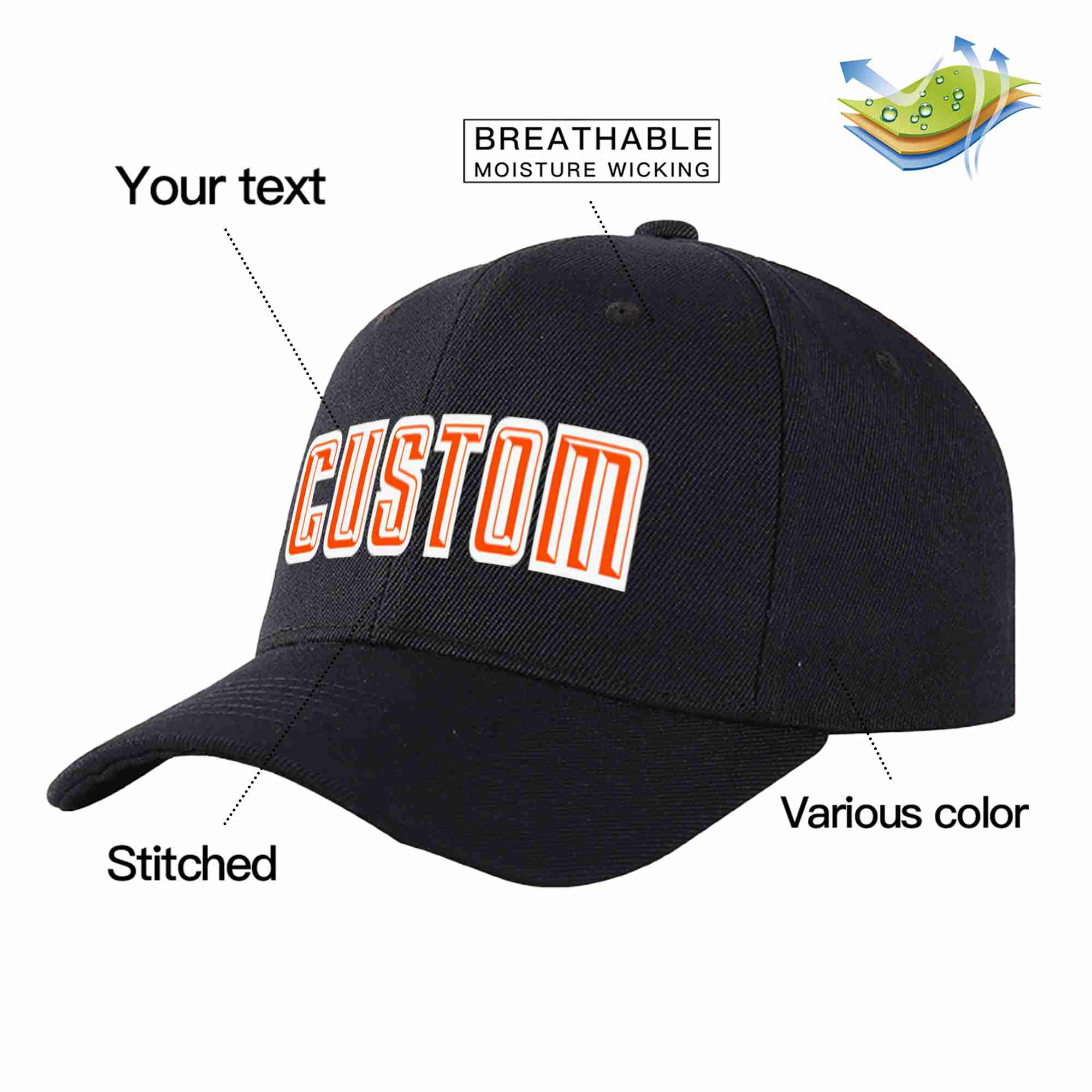 Conception personnalisée de casquette de baseball de sport incurvée noir orange-blanc pour hommes/femmes/jeunes