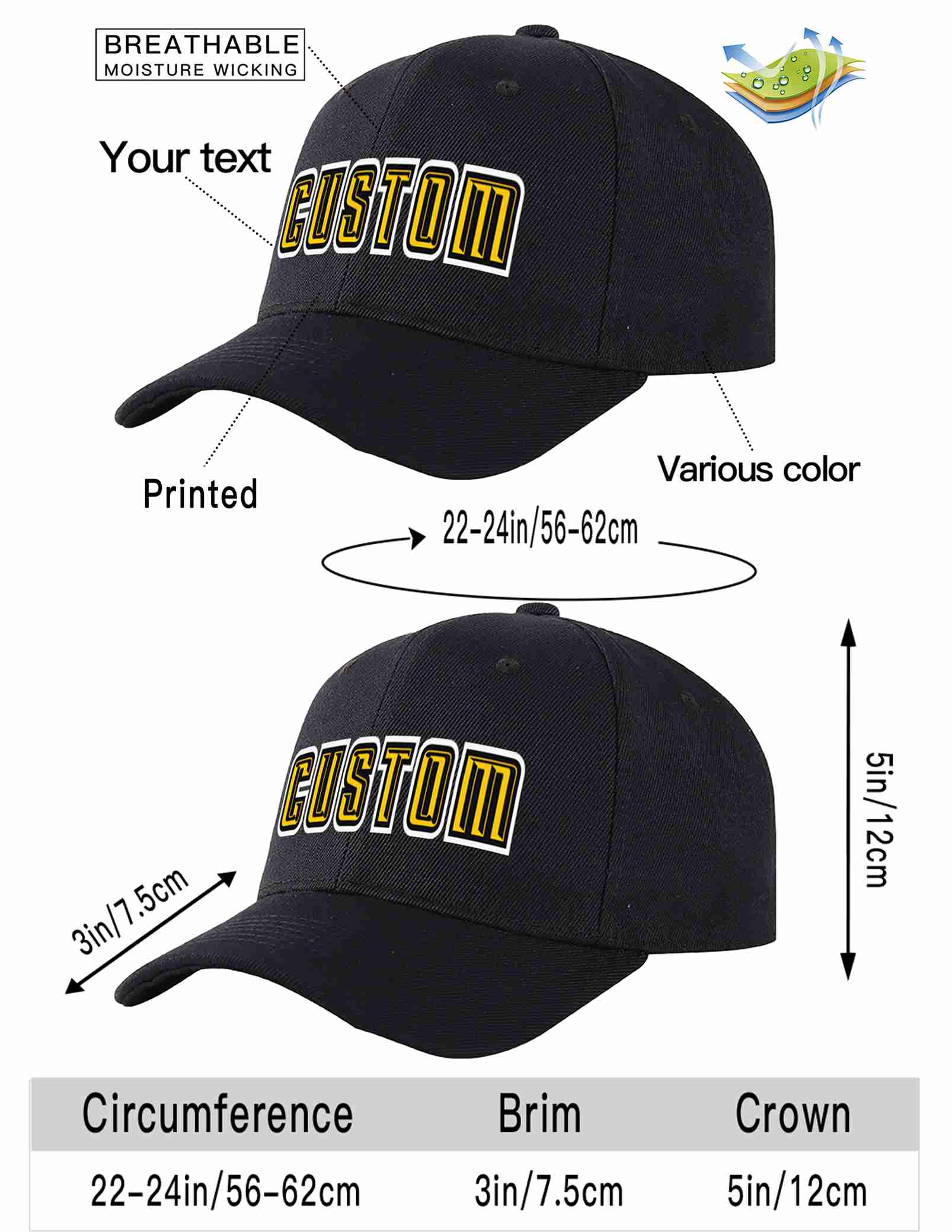 Custom Black Gold-Black Curved Eaves Sport Baseball Cap Design for Men/Women/Youth