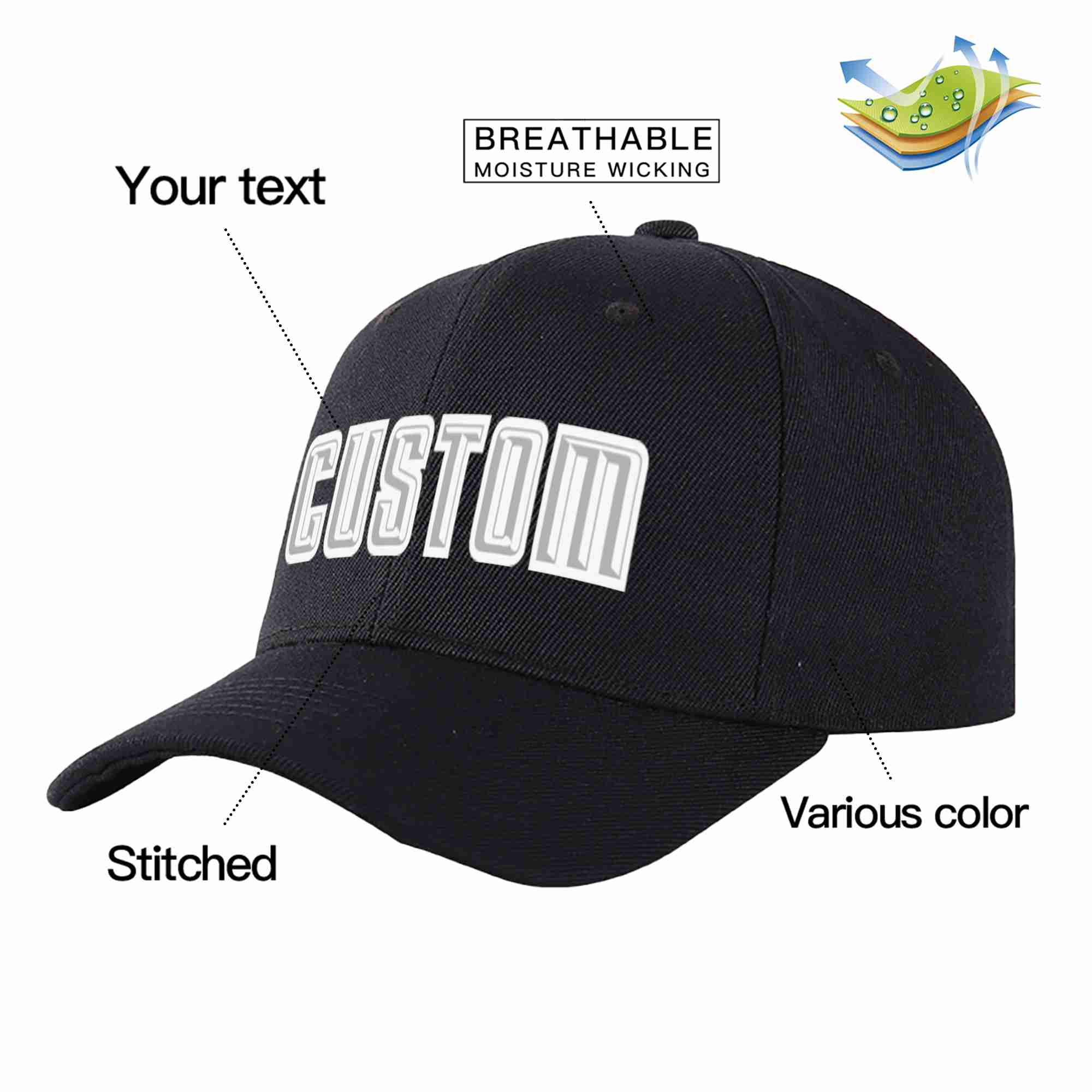 Custom Black Gray-White Curved Eaves Sport Baseball Cap Design for Men/Women/Youth