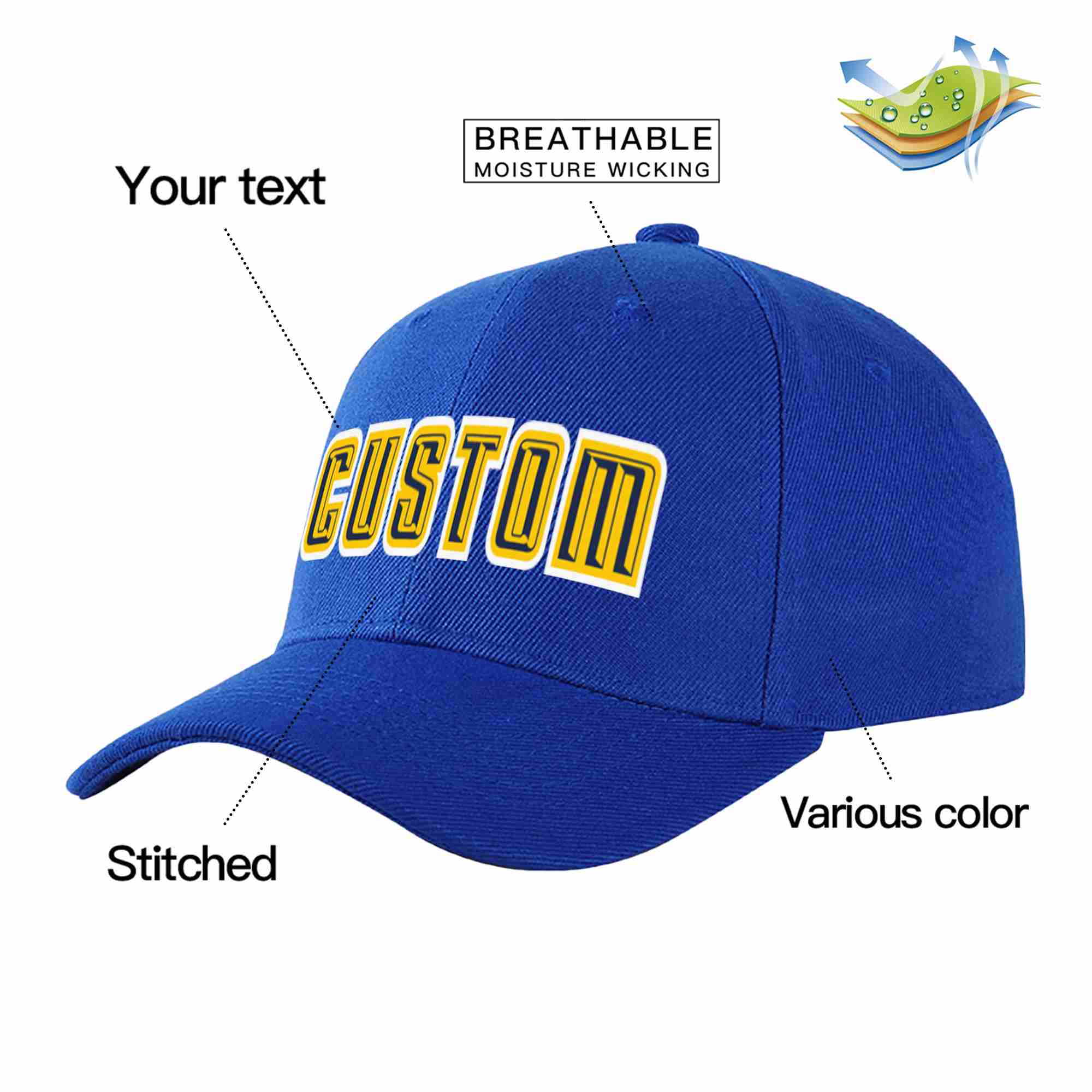 Conception personnalisée de casquette de baseball de sport incurvée jaune marine royale pour hommes/femmes/jeunes