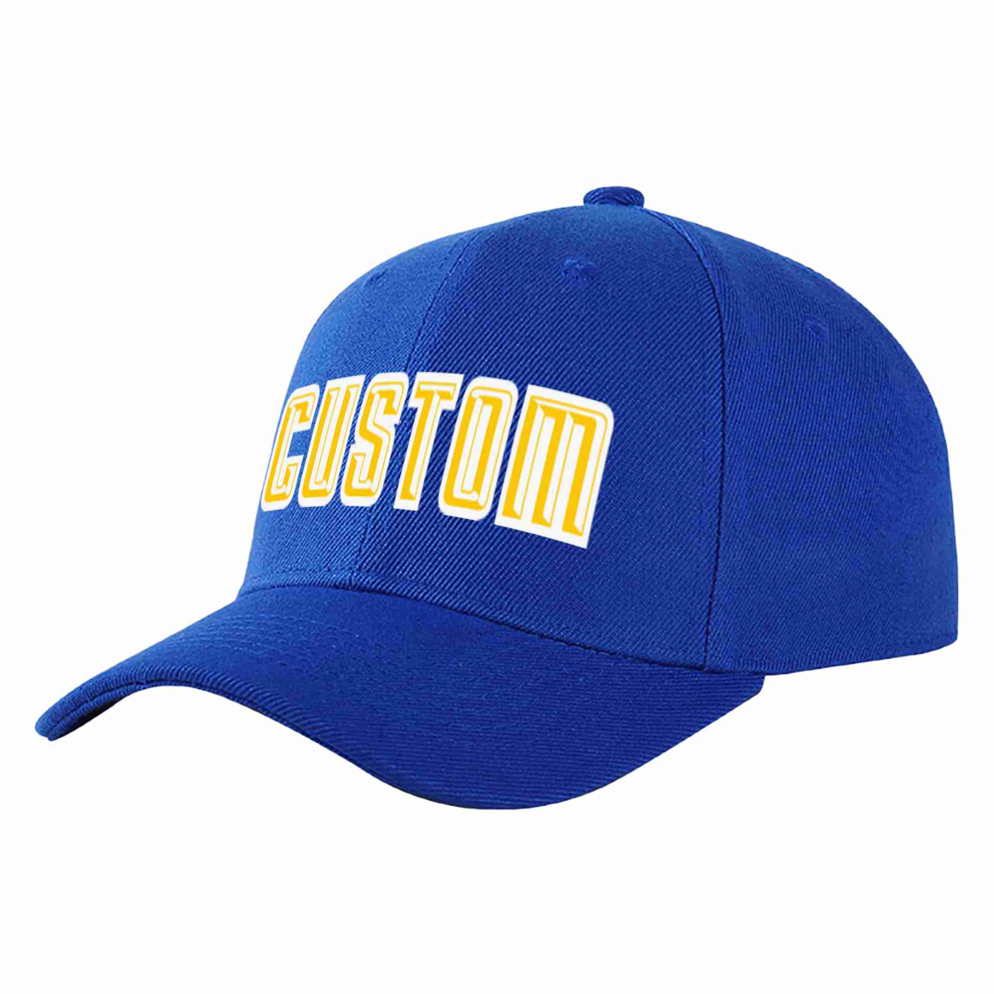 Conception personnalisée de casquette de baseball de sport incurvée jaune-blanc royal pour hommes/femmes/jeunes