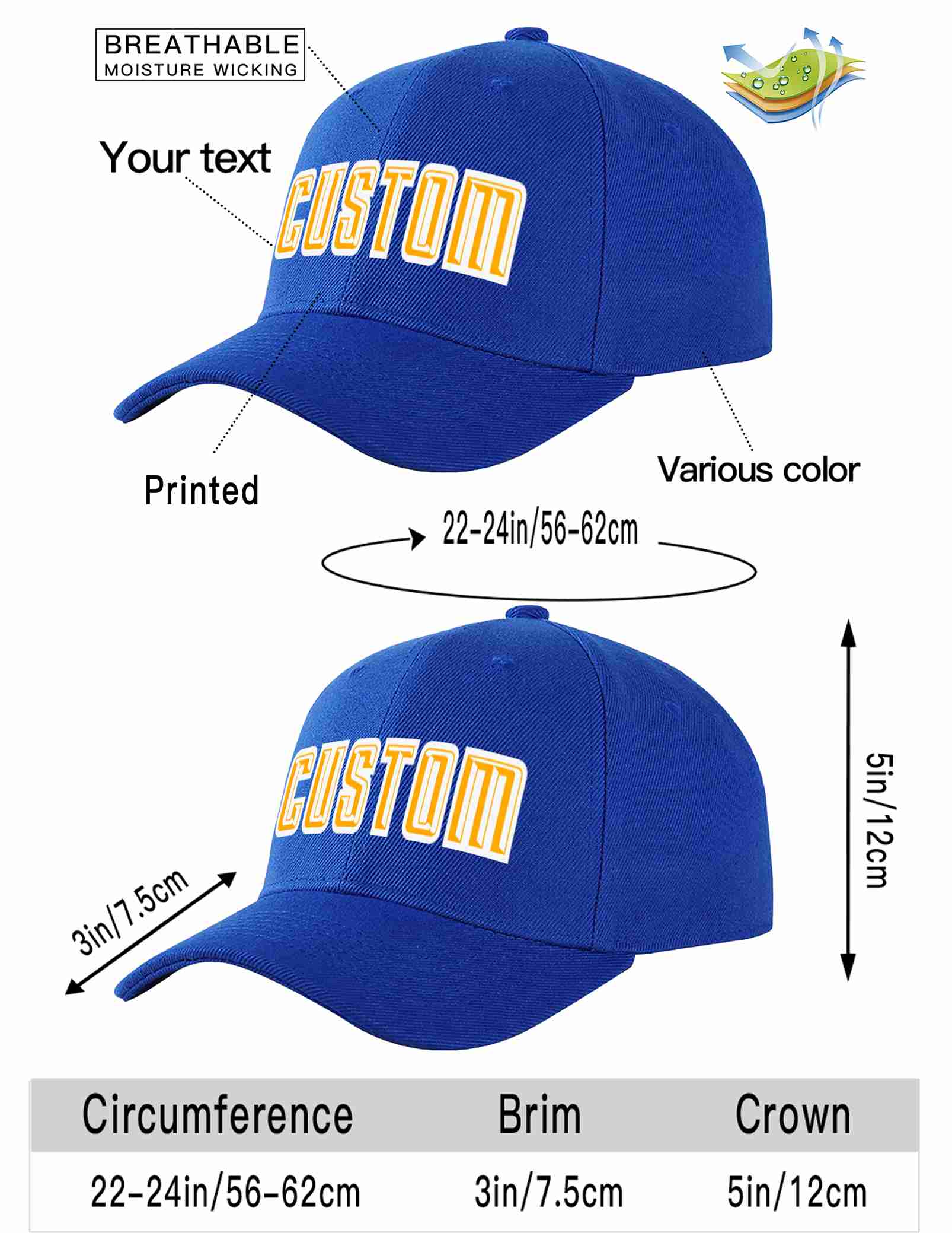 Custom Royal Yellow-White Curved Eaves Sport Baseball Cap Design for Men/Women/Youth