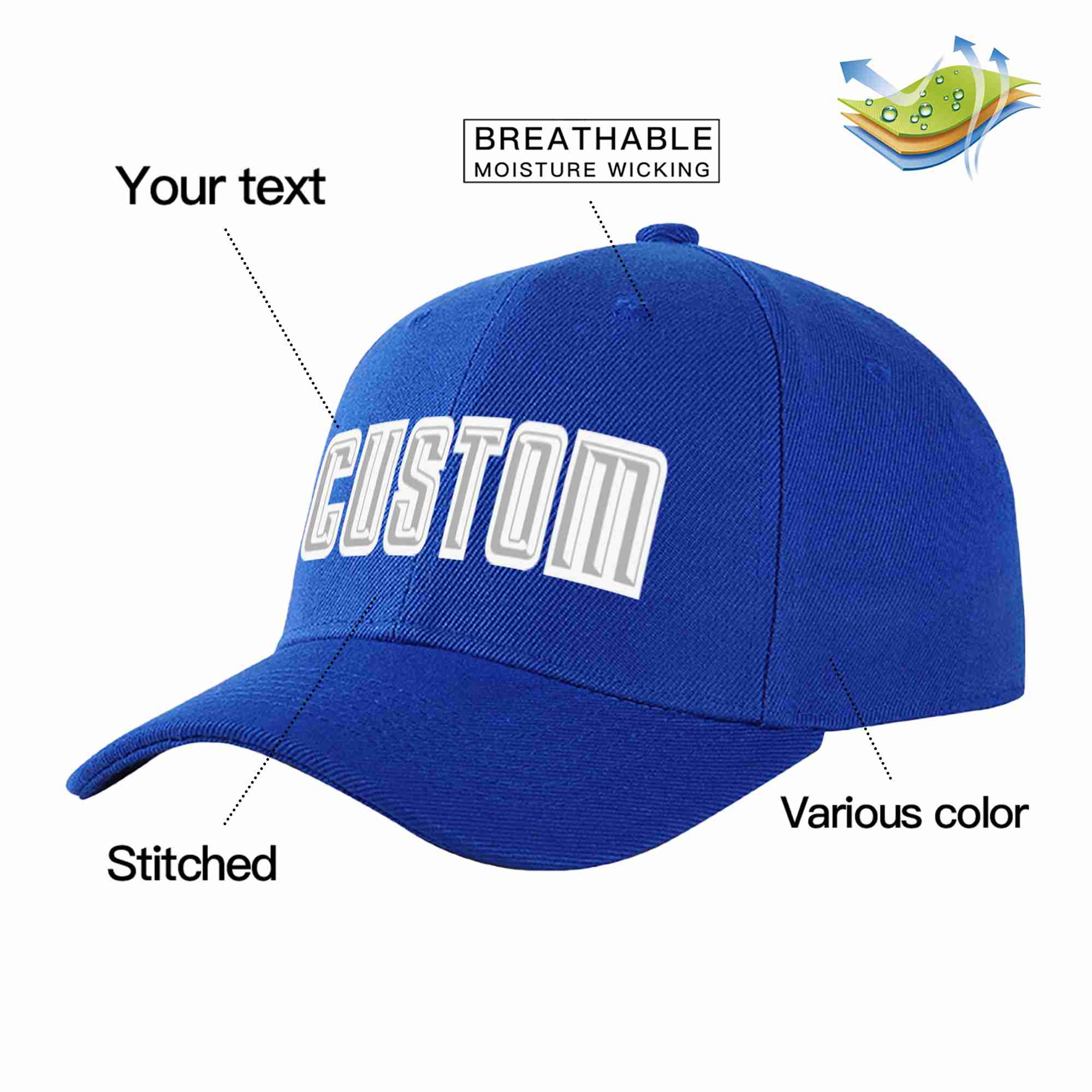 Custom Royal Gray-White Curved Eaves Sport Baseball Cap Design for Men/Women/Youth