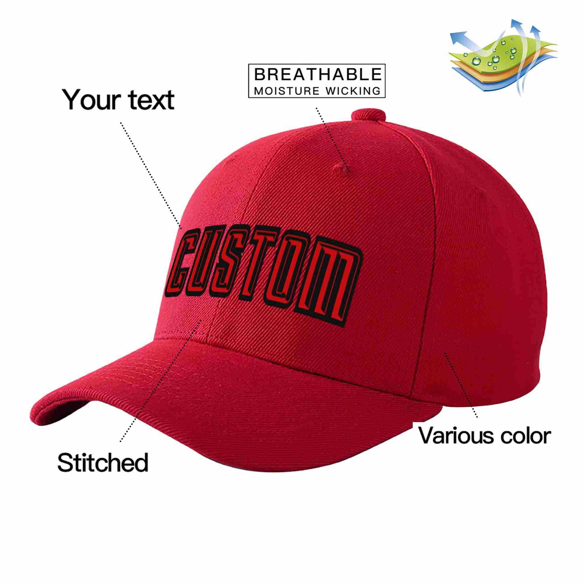 Conception personnalisée de casquette de baseball de sport incurvée rouge-noir rouge pour hommes/femmes/jeunes