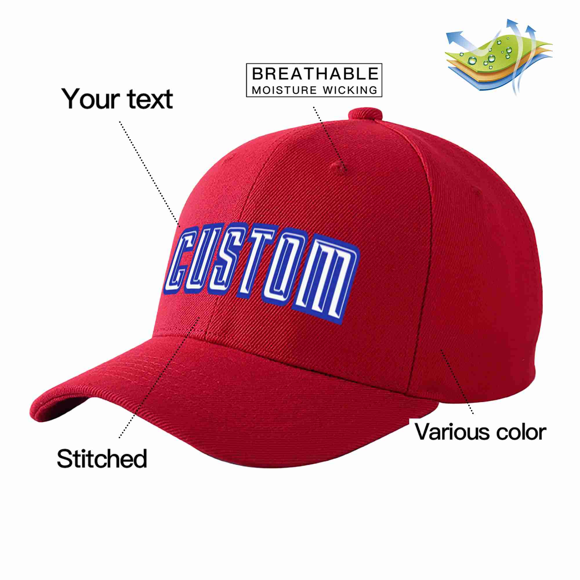 Conception personnalisée de casquette de baseball de sport courbée rouge blanc-royal pour hommes/femmes/jeunes