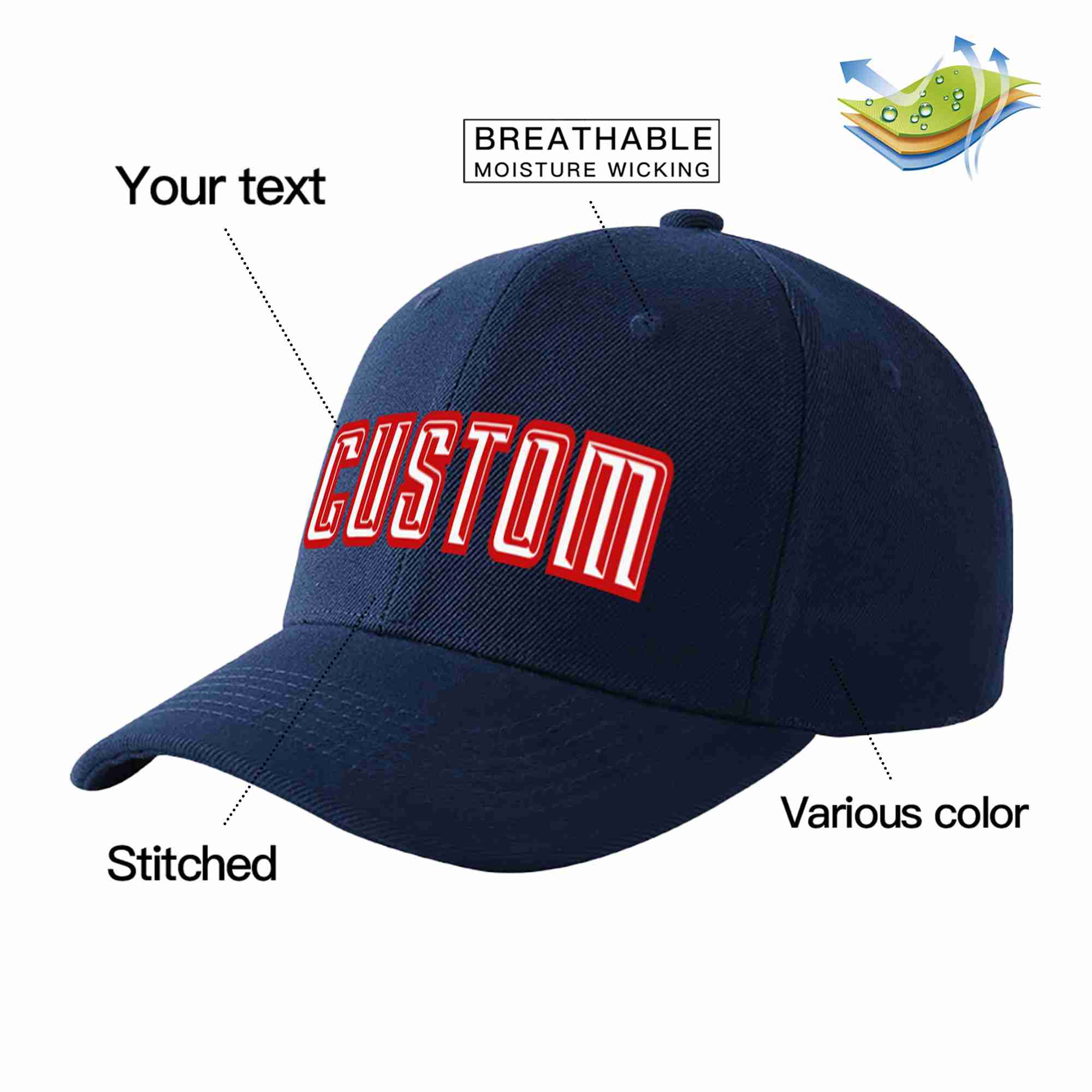 Custom Navy White-Red Curved Eaves Sport Baseball Cap Design for Men/Women/Youth