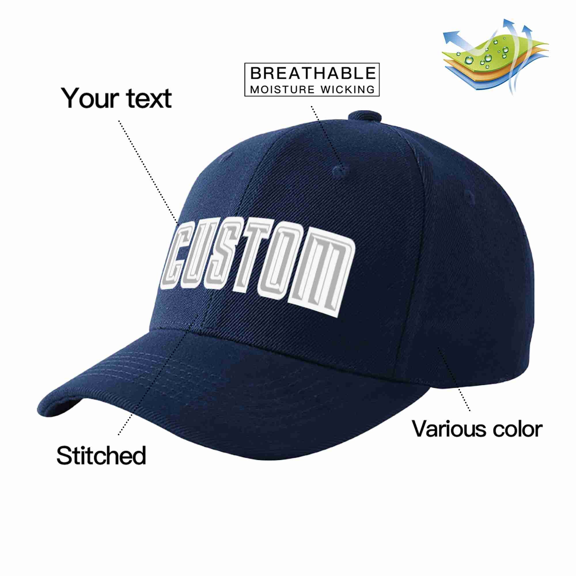 Conception personnalisée de casquette de baseball de sport incurvée gris-blanc marine pour hommes/femmes/jeunes