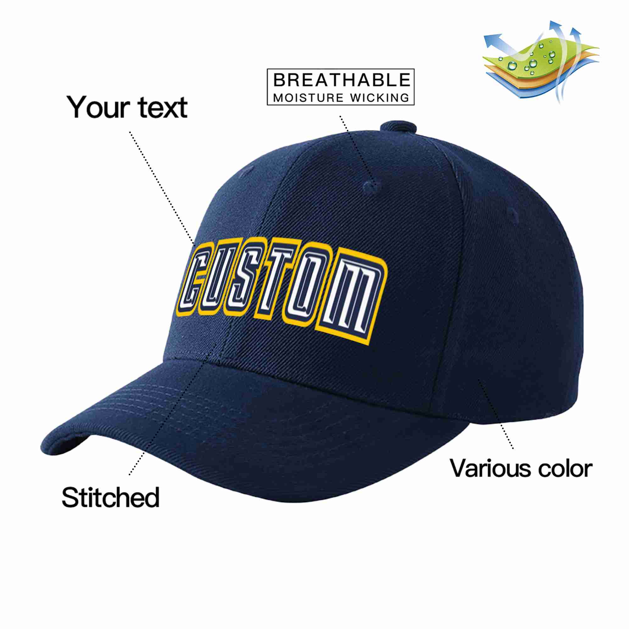 Conception personnalisée de casquette de baseball de sport incurvée blanc-marine pour hommes/femmes/jeunes