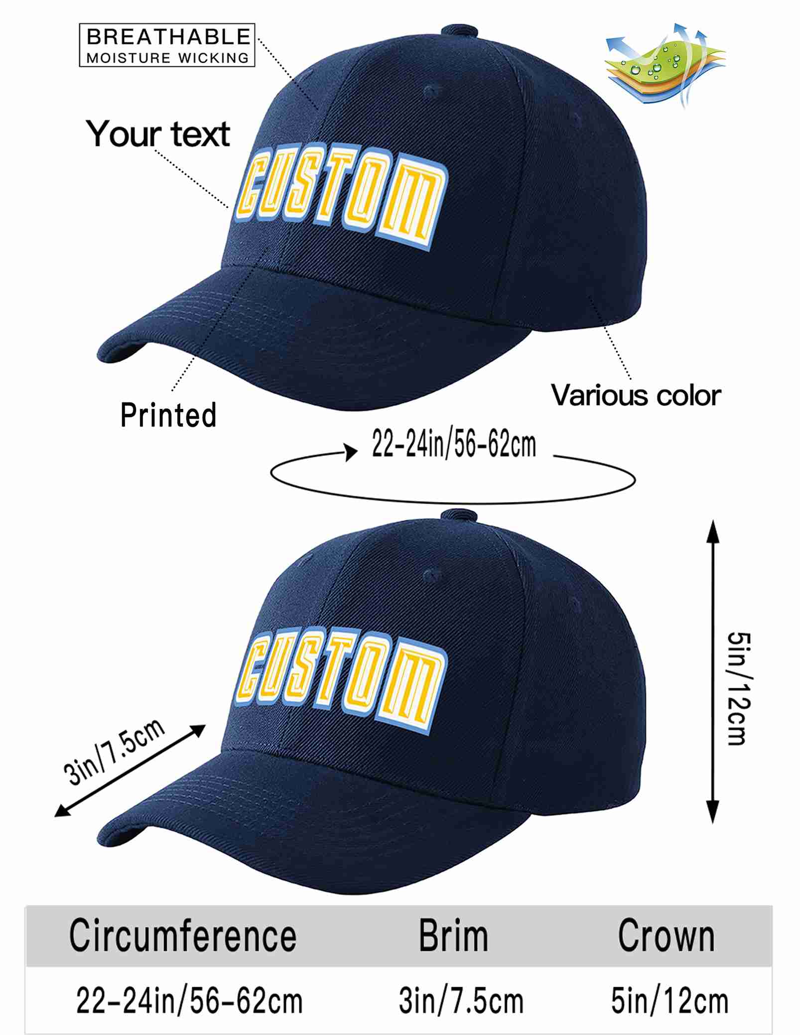 Custom Navy Gold-White Curved Eaves Sport Baseball Cap Design for Men/Women/Youth