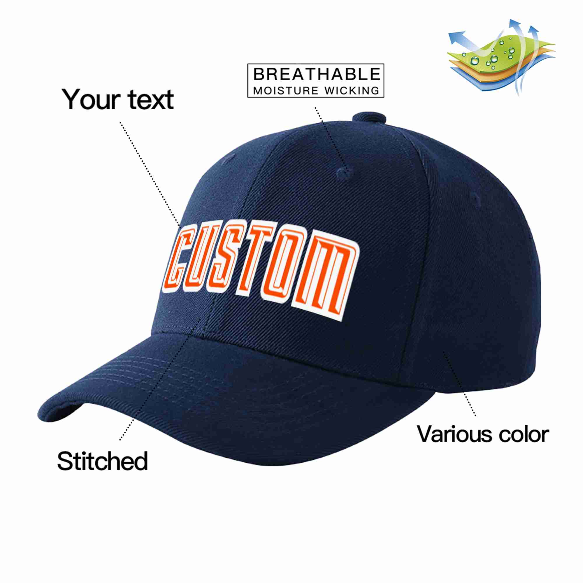 Conception personnalisée de casquette de baseball de sport incurvée orange-blanc marine pour hommes/femmes/jeunes