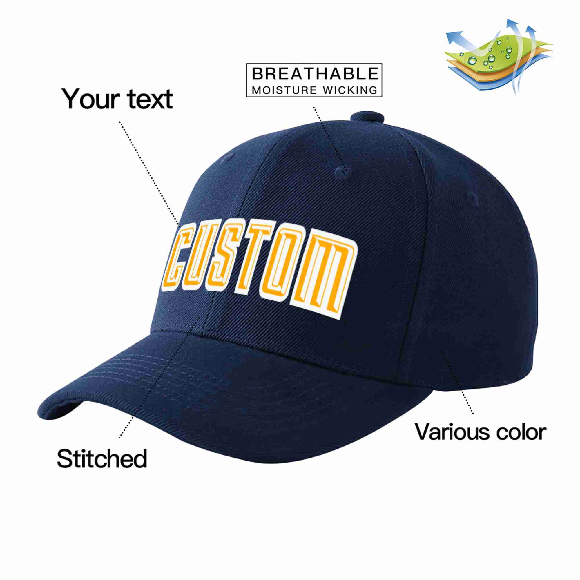 Conception personnalisée de casquette de baseball de sport incurvée jaune-blanc marine pour hommes/femmes/jeunes