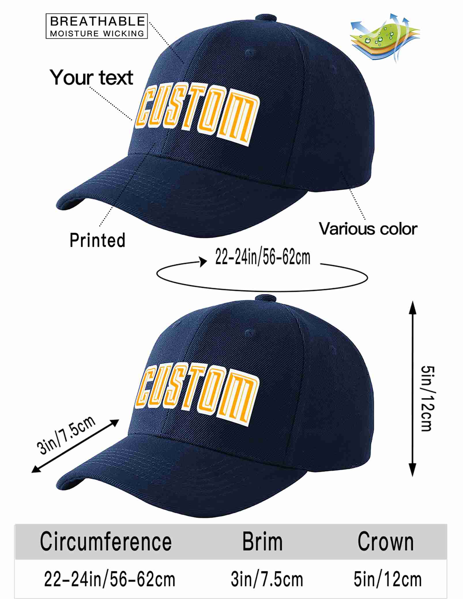 Custom Navy Yellow-White Curved Eaves Sport Baseball Cap Design for Men/Women/Youth