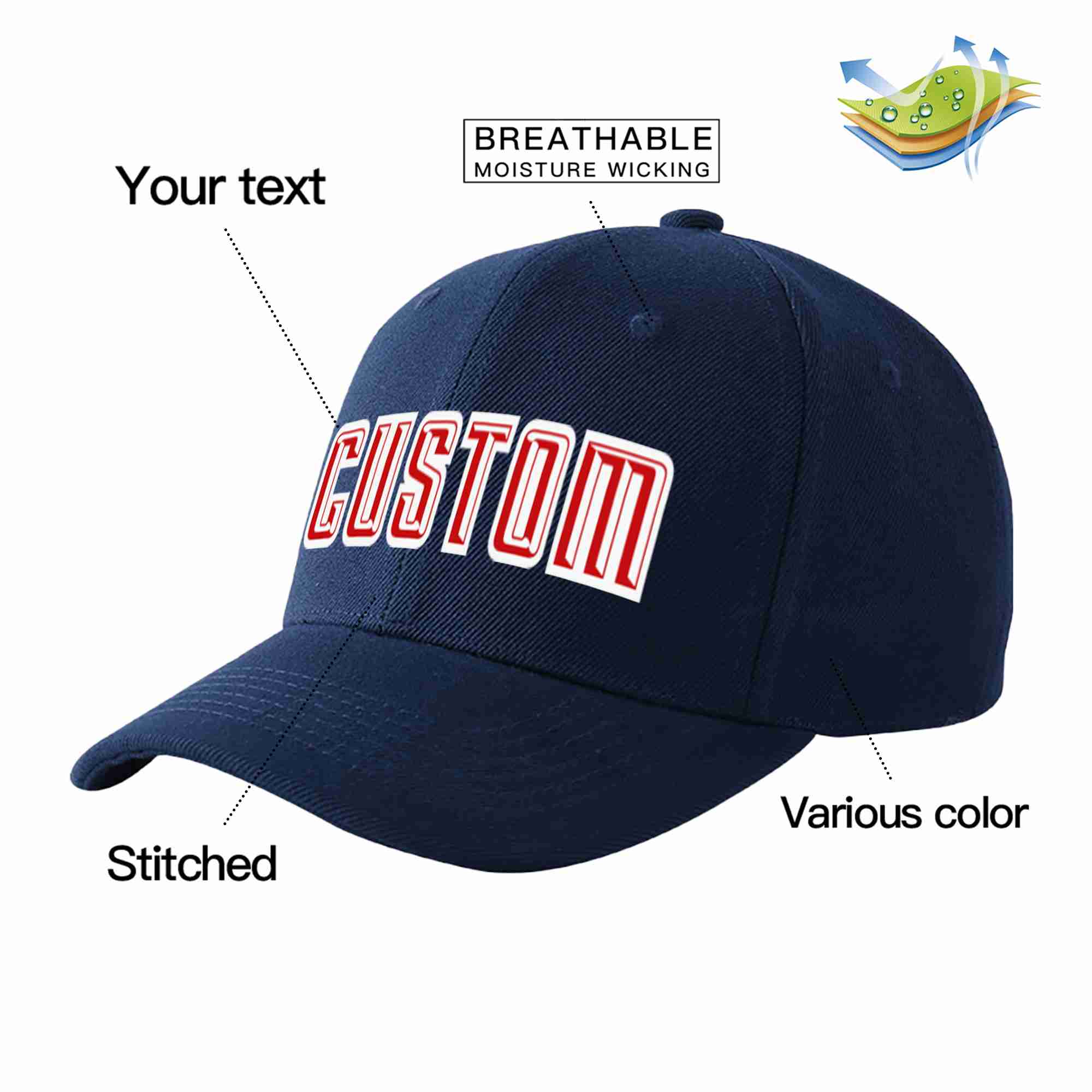 Conception personnalisée de casquette de baseball de sport incurvée rouge-blanc pour hommes/femmes/jeunes