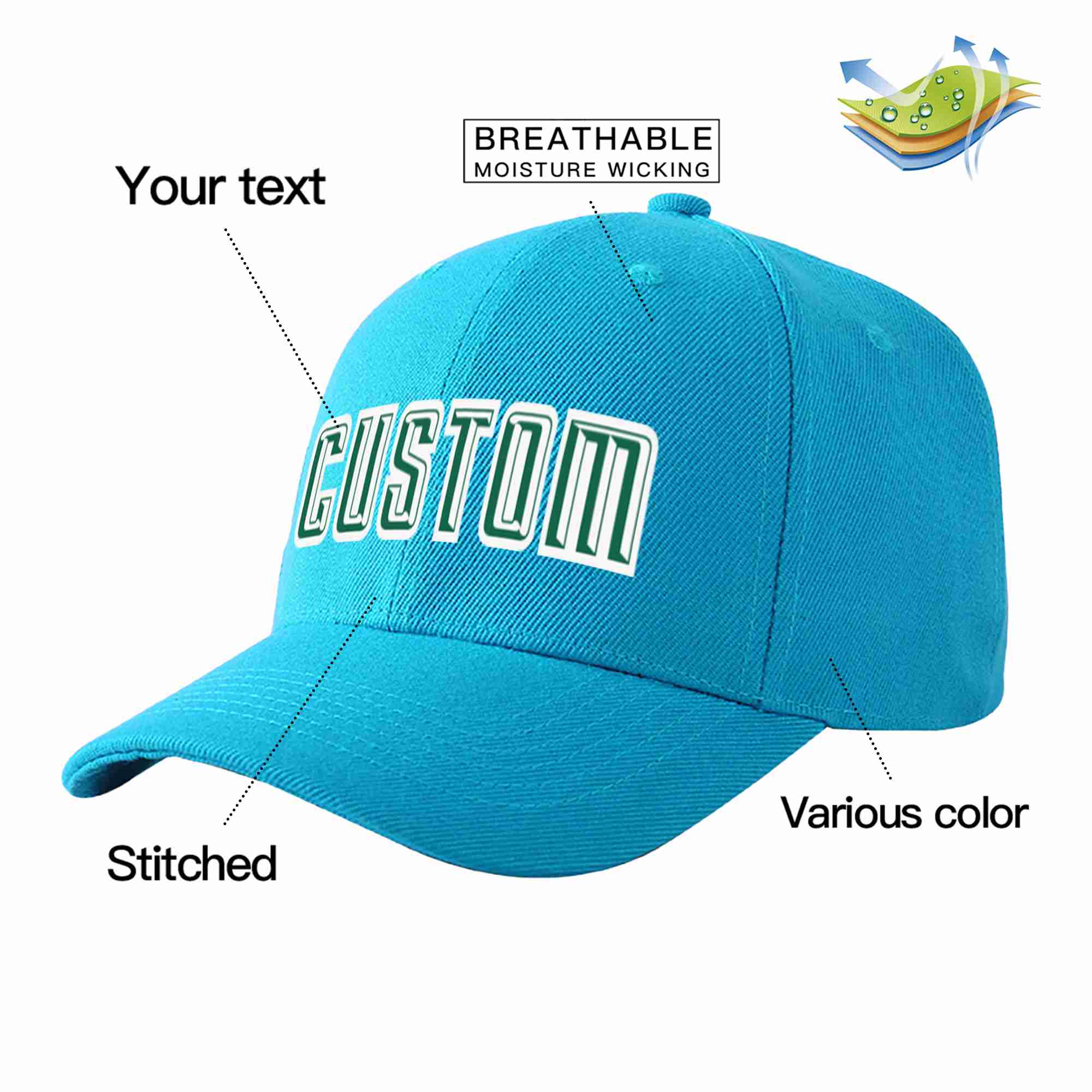 Casquette de baseball de sport courbée Aqua Kelly vert-blanc personnalisée pour hommes/femmes/jeunes