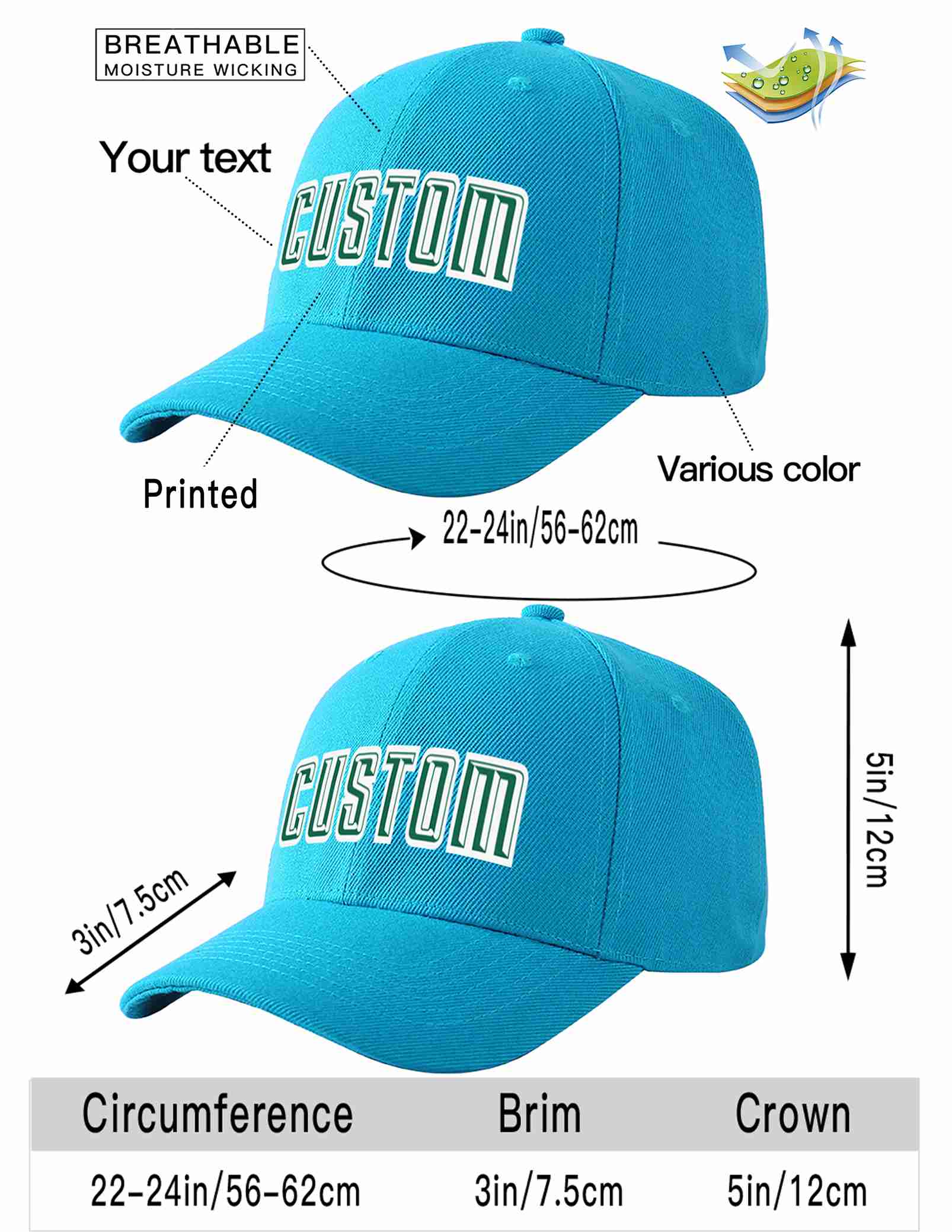 Custom Aqua Kelly Green-White Curved Eaves Sport Baseball Cap Design for Men/Women/Youth