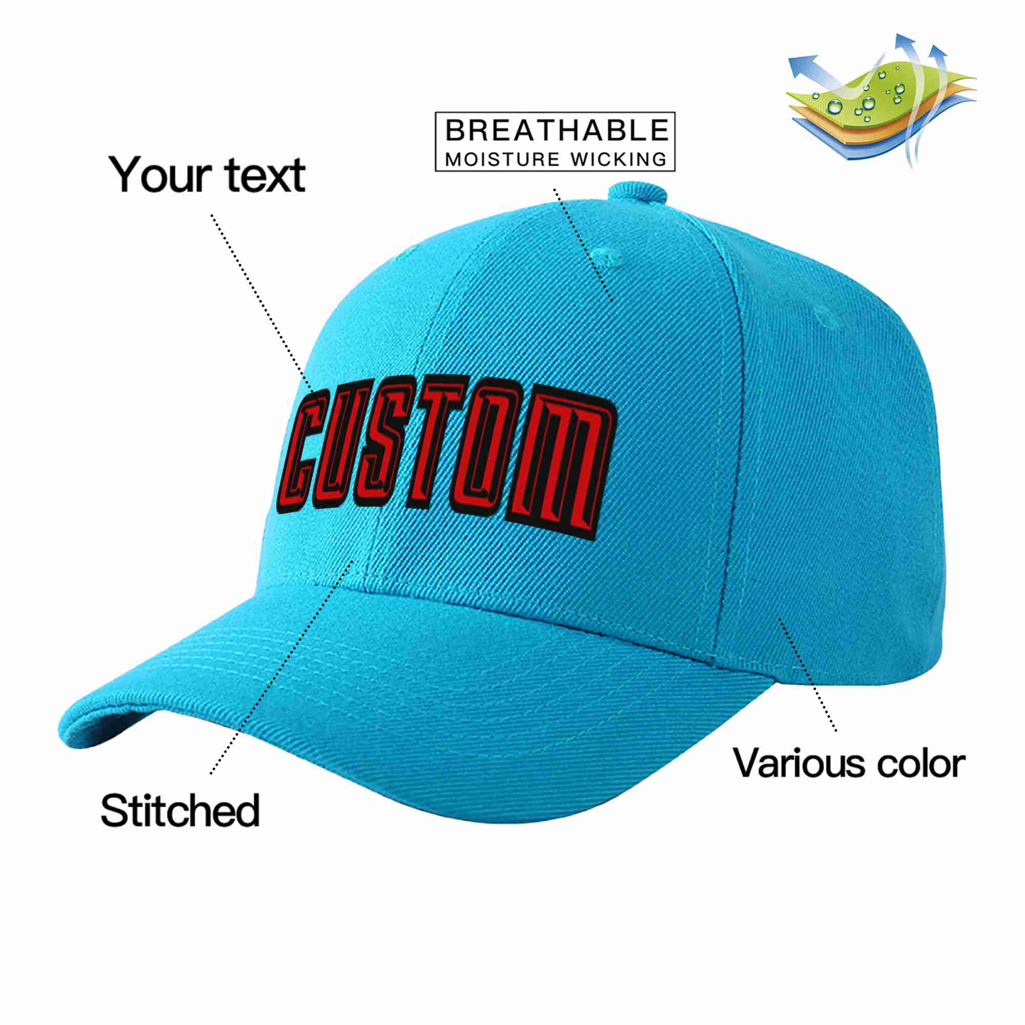 Conception personnalisée de casquette de baseball de sport incurvée rouge-noir Aqua pour hommes/femmes/jeunes