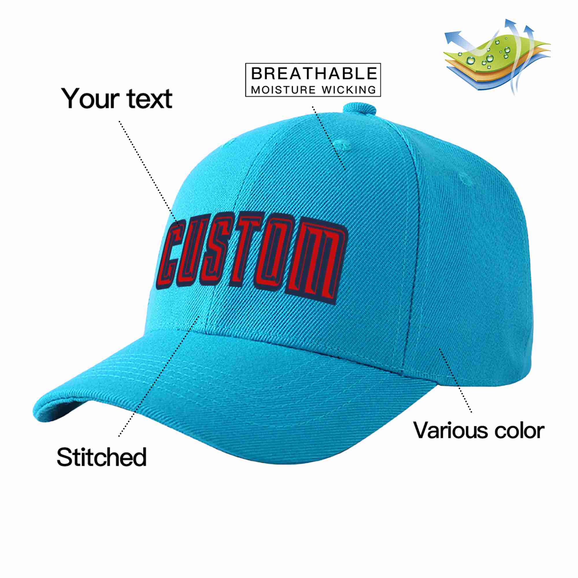 Custom Aqua Red-Navy Curved Eaves Sport Baseball Cap Design for Men/Women/Youth