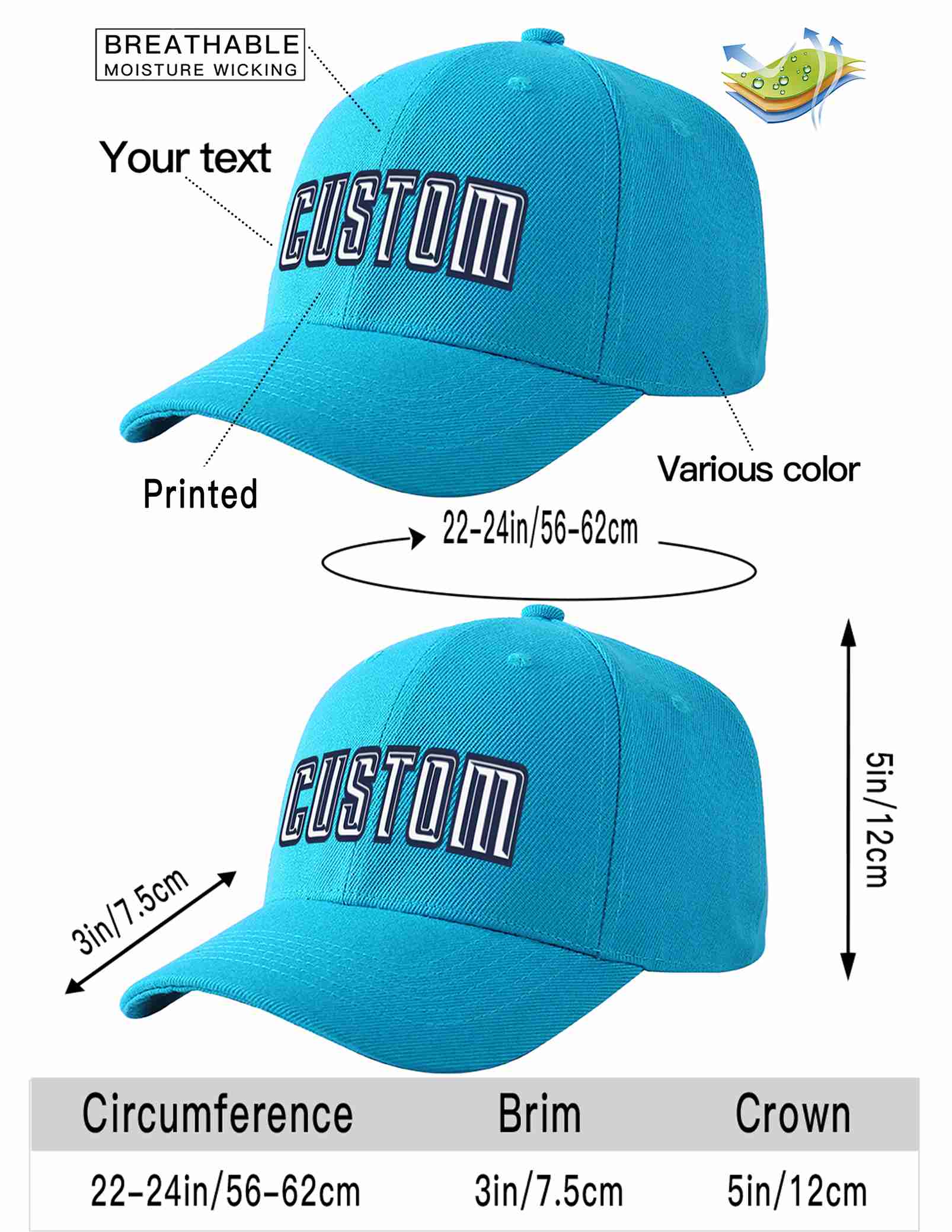 Custom Aqua White-Navy Curved Eaves Sport Baseball Cap Design for Men/Women/Youth